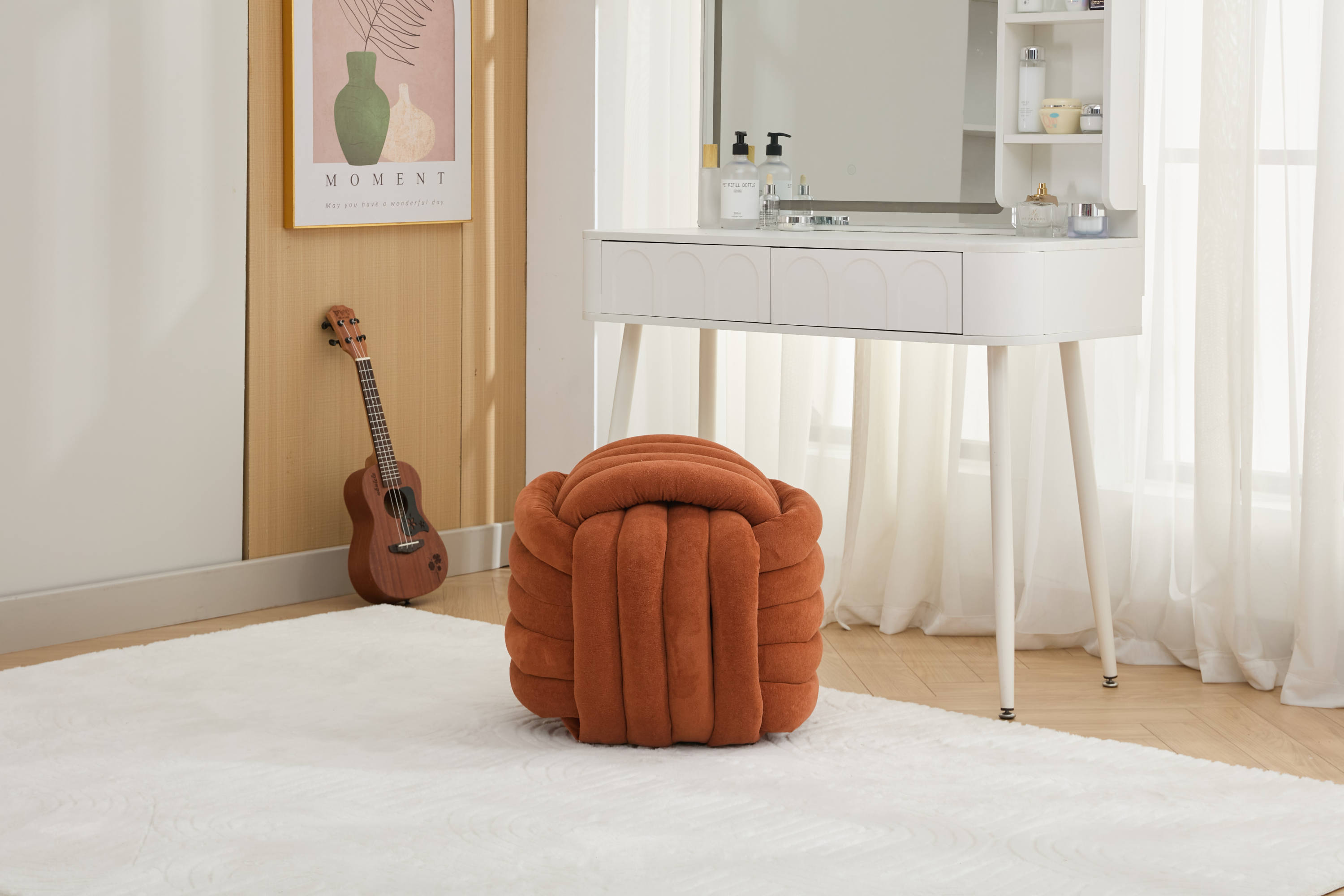 Haoyye Modern Chenille Fabric Knot Design Ottoman Makeup Stool Footstool, Comfortable and Stylish Seat, Perfect for Living Room and Bedroom, Space-Saving Heavy Duty Construction, Durable Furniture for Adults Dorm Room