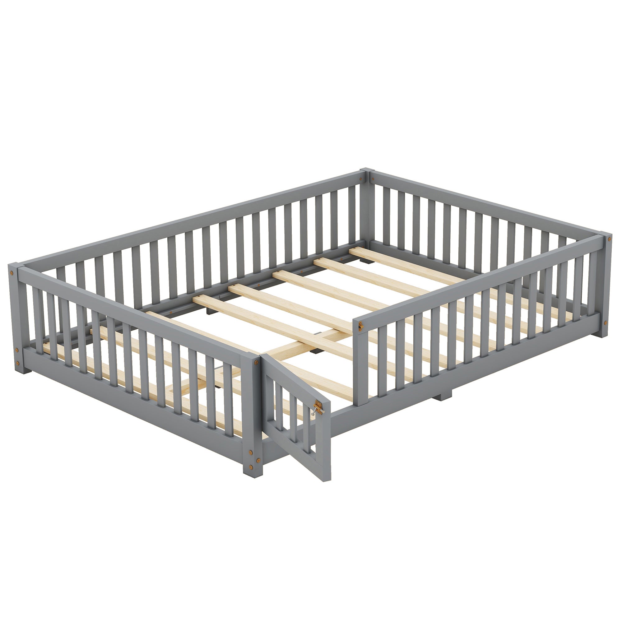 HAOYYE Full Size Bed Floor Bed with Safety Guardrails and Door for , Gray(Old SKU: W158090691) Sturdy Space-Saving Heavy Duty Modern Design Adults Dorm Room Easy Assembly Bedroom Furniture