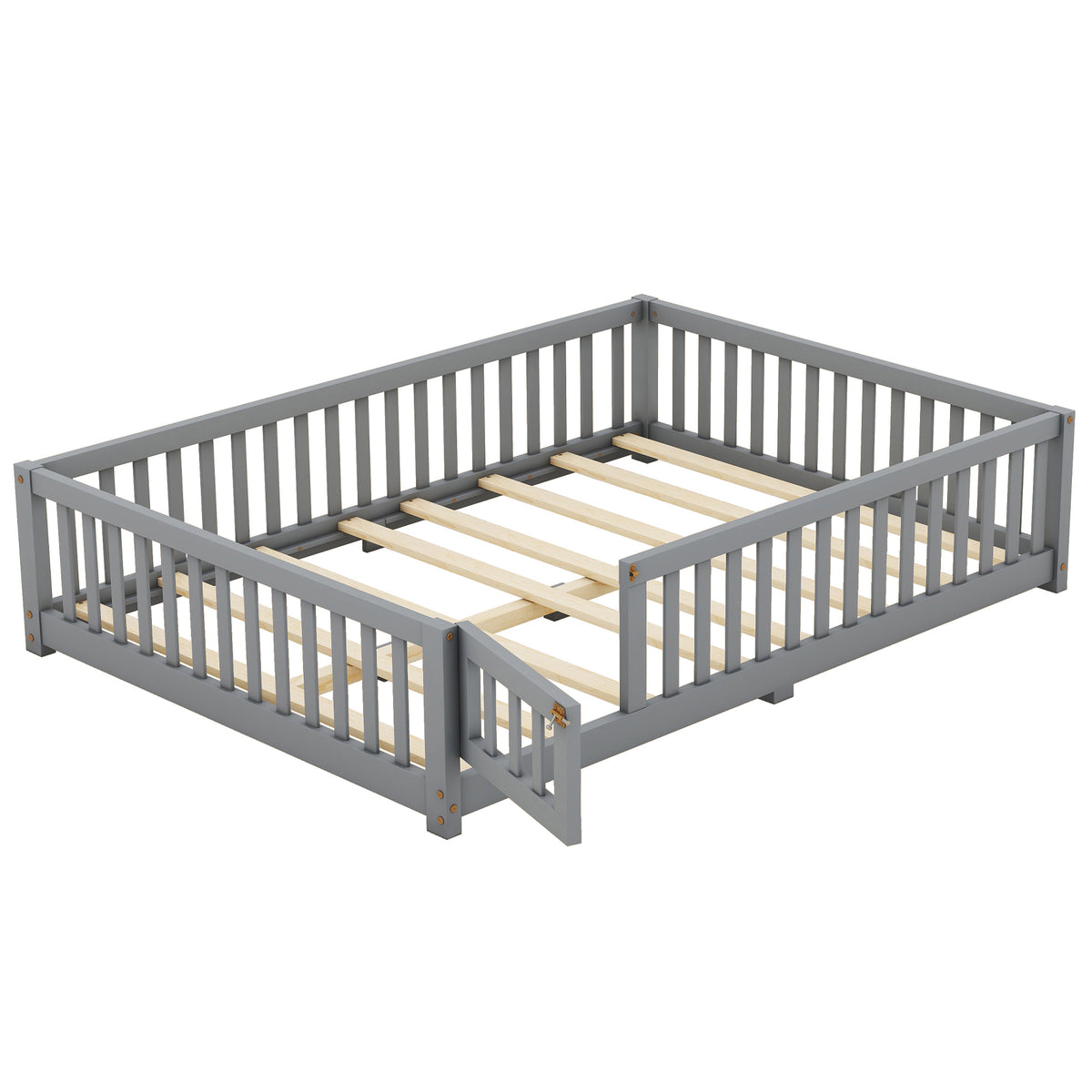 HAOYYE Full Size Bed Floor Bed with Safety Guardrails and Door for , Gray(Old SKU: W158090691) Sturdy Space-Saving Heavy Duty Modern Design Adults Dorm Room Easy Assembly Bedroom Furniture