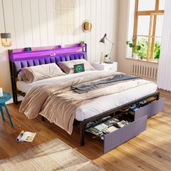 HAOYYE King Bed Frame with Storage Headboard, Drawers, LED Lighting, and Built-in Charging Station, Modern Upholstered Platform Design, Sturdy Space-Saving Grey Construction, No Box Spring Needed, Easy Assembly