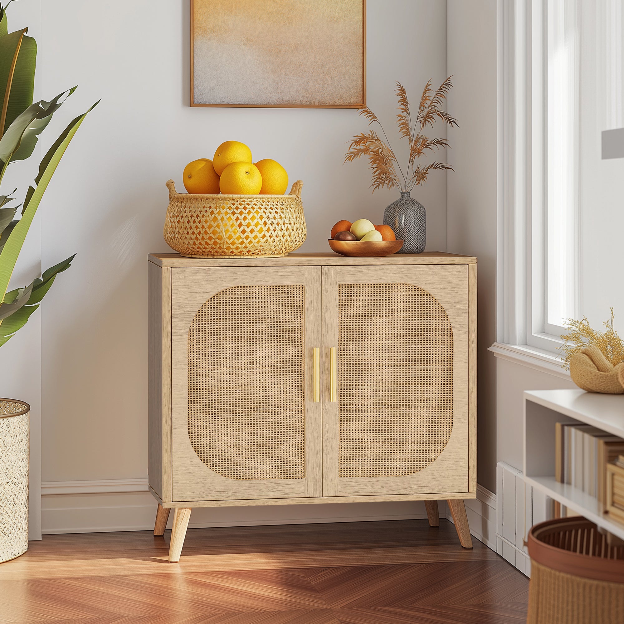 HAOYYE Buffet Cabinet with Storage, Accent Bathroom Floor Cabinet with Two Doors and Four Compartments, Solid Wood Feet, Modern Sideboard for Hallway, Entry, Living Room