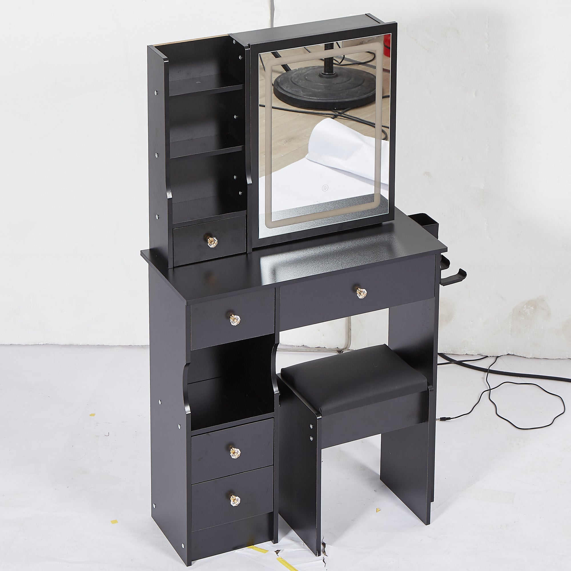 HAOYYE Compact Vanity Table With Left Drawer, Cushioned Stool, Touch-Control LED Mirror, Tri-Color Lighting, 2 AC & 2 USB Power Outlets, Hair Dryer Bracket, Certified by EPA, GCC, and UL