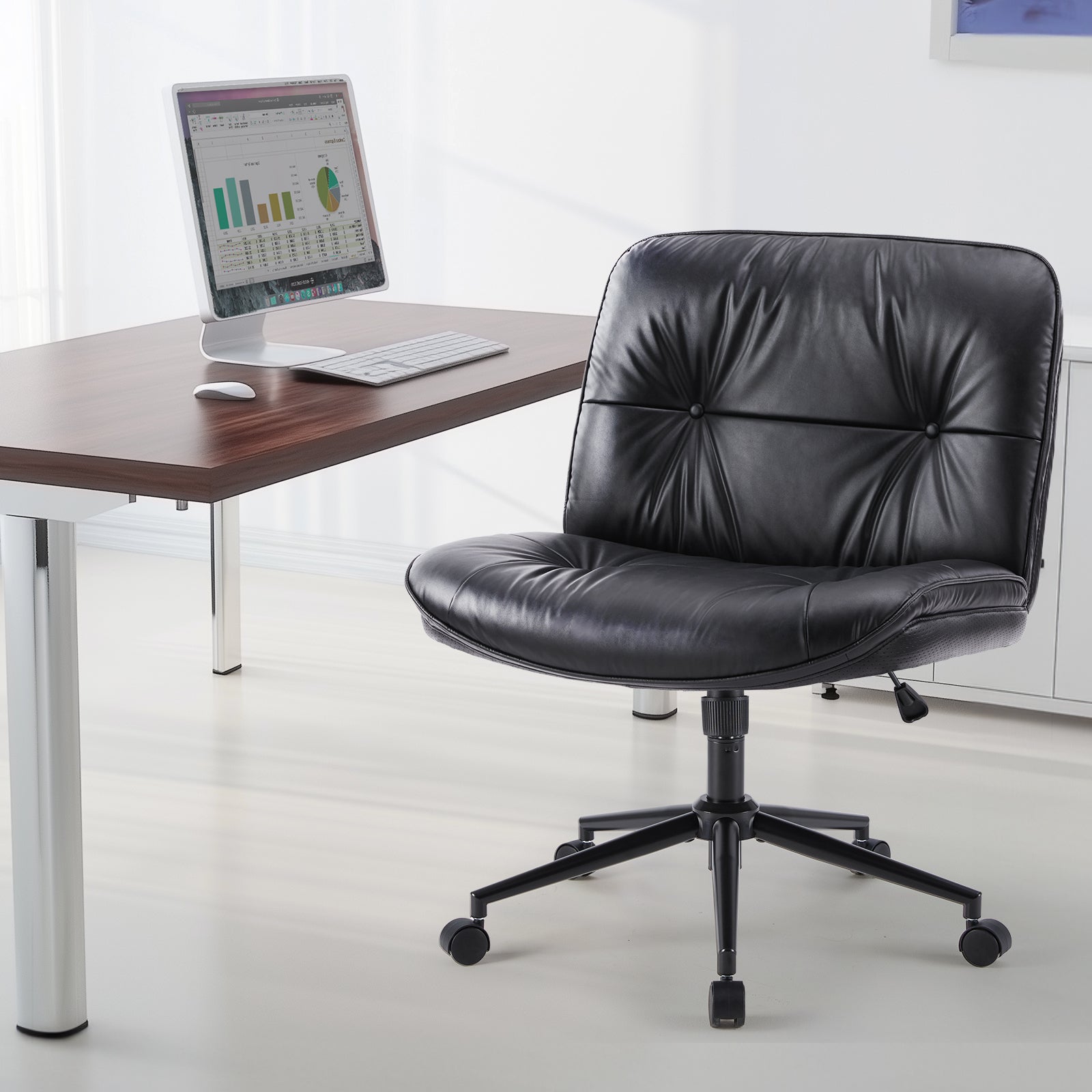 HAOYYE Criss Cross Legged Chair, Armless Office Desk Wide Seat Wheels, Swivel Height Adjustable Comfy Sturdy Space-Saving Heavy Duty Modern Design Adults Dorm Room Easy Assembly Bedroom Furniture