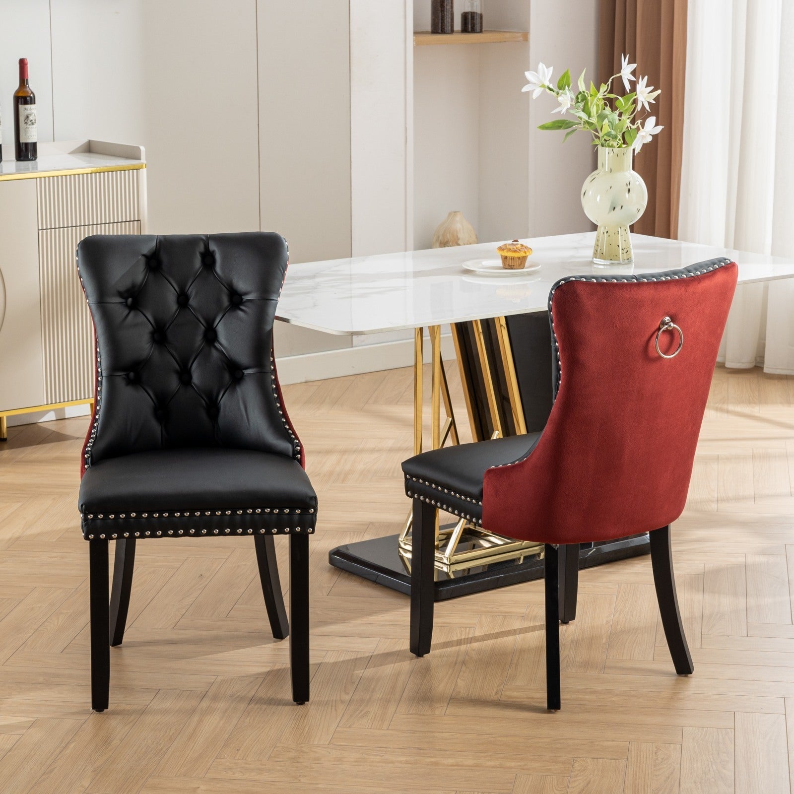 HAOYYE Nikki Collection Modern, High-end Tufted Solid Wood Contemporary PU and Velvet Upholstered Dining Chair with Wood Legs Nailhead Trim 2-Pcs Set, Black+WineRed, Burgundy,SW2101BW Sturdy