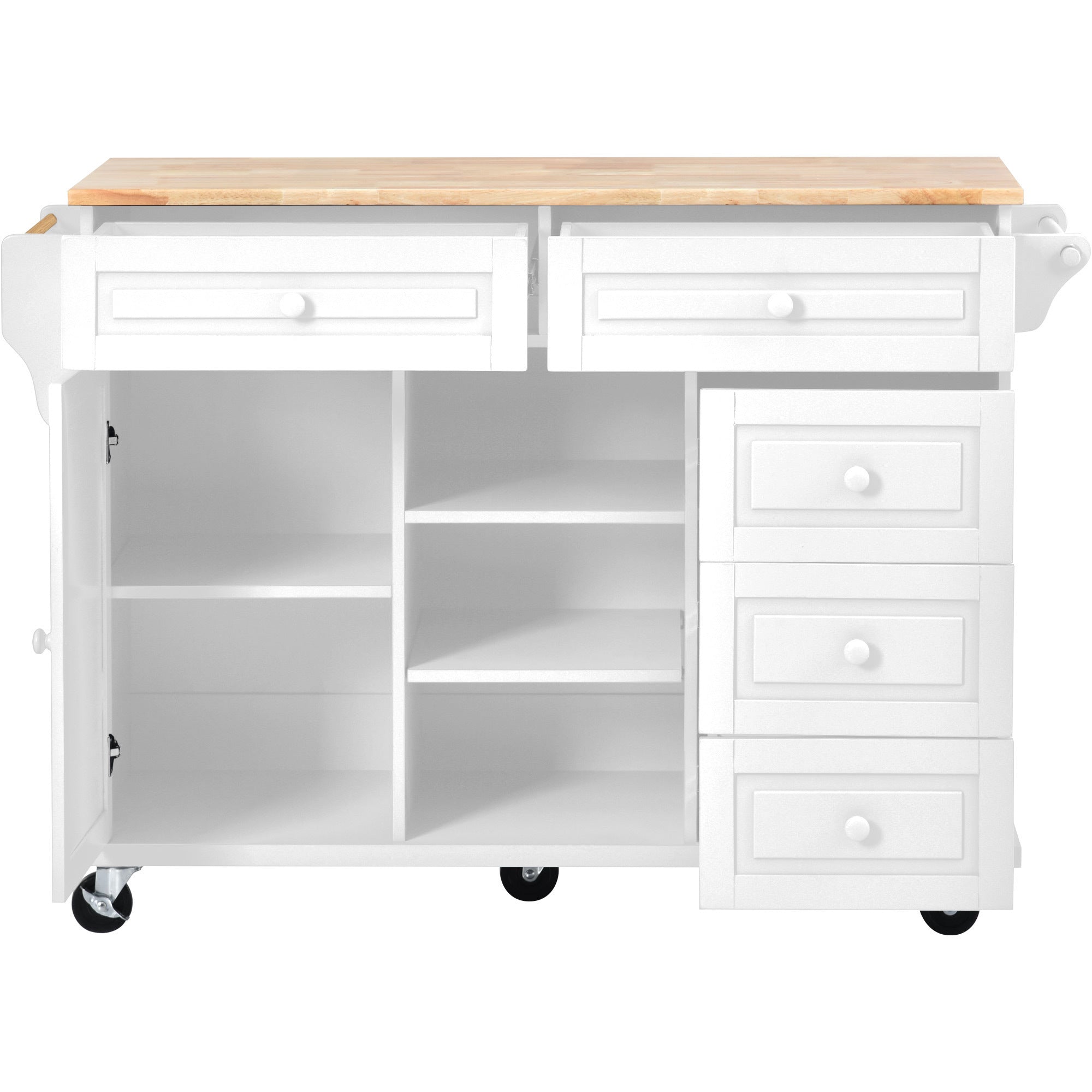 HAOYYE Kitchen cart with Rubber wood desktop rolling mobile kitchen island with storage and 5 draws 53 Inch length(White) Sturdy Space-Saving Heavy Duty Modern Design Adults Dorm Room Easy Assembly