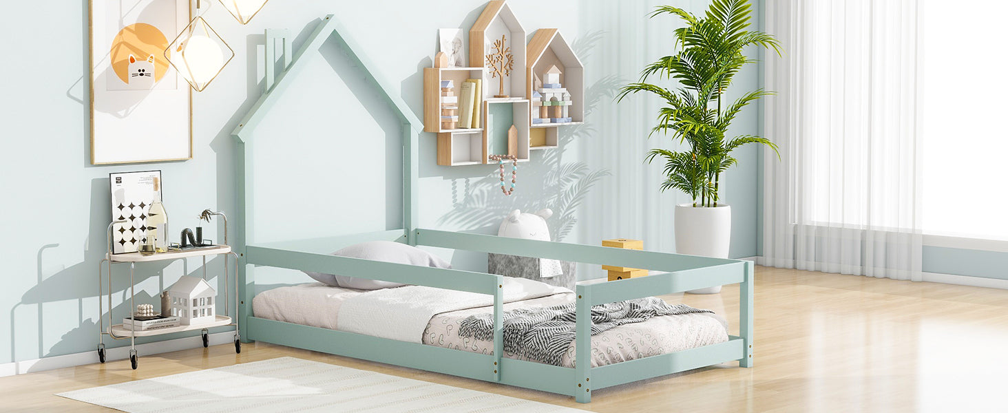 HAOYYE Twin Size Wood Bed with House-Shaped Headboard, Floor Bed with Fences,Sturdy Space-Saving Heavy Duty Modern Design, Easy Assembly for Bedroom or Dorm Room