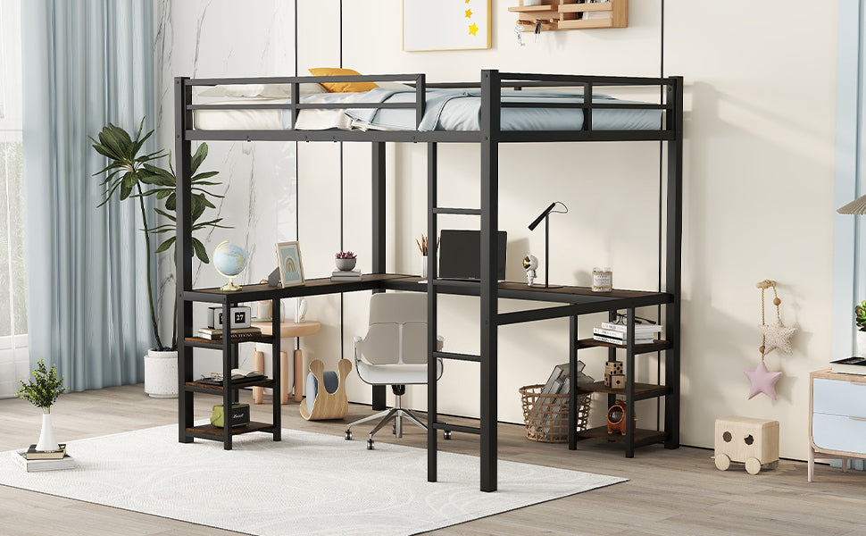 HAOYYE Full Metal Loft Bed with Desk and Shelves, Loft Bed with Ladder and Guardrails, Loft Bed Frame for Bedroom, Black with Vintage wood-colored desk Sturdy Space-Saving Heavy Duty Modern Design