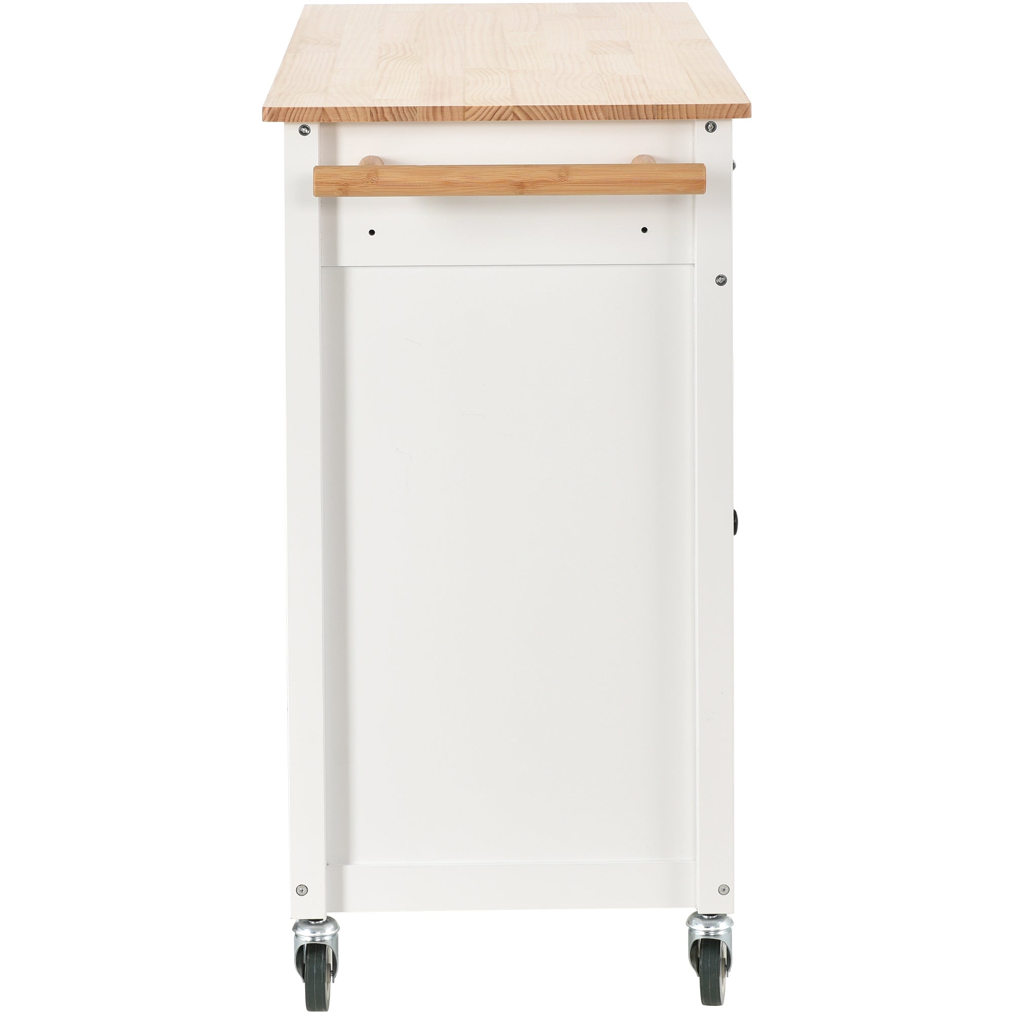 HAOYYE Kitchen Island Cart with Solid Wood Top, Locking Wheels, Four Door Cabinet, Two Drawers, Spice Rack, and Towel Rack, White, Sturdy Space-Saving Design, Heavy Duty Construction, Easy Assembly, Durable and Stylish Home Furniture