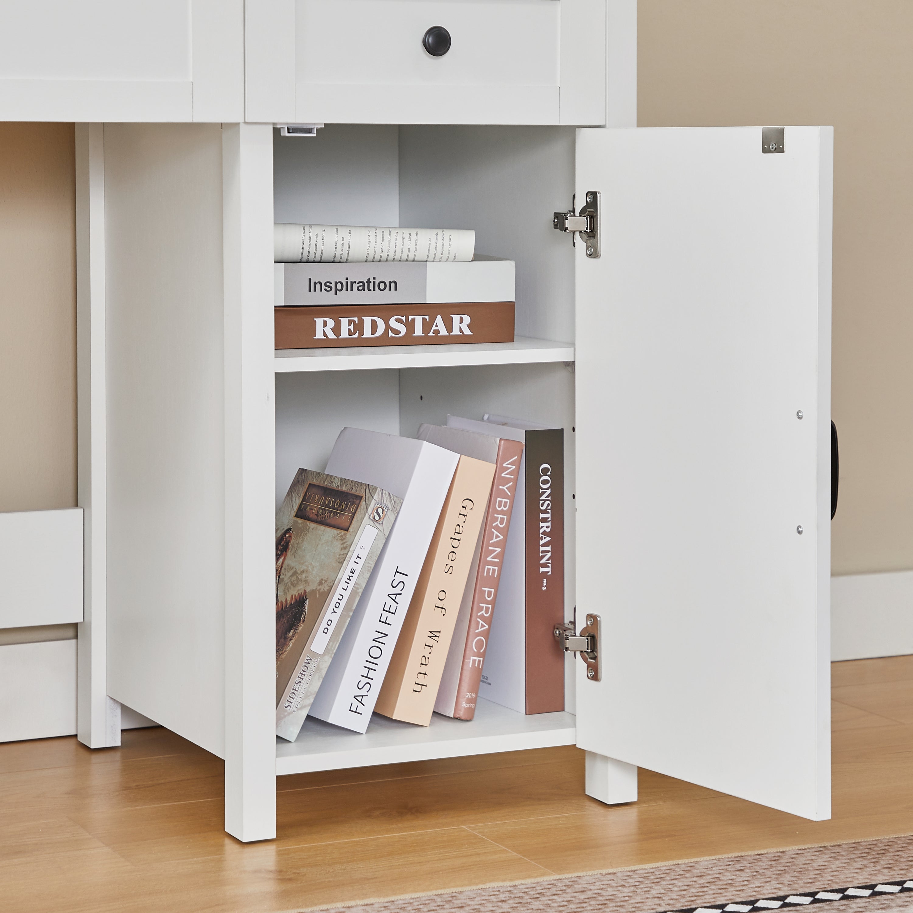 HAOYYE Farmhouse Executive Desk With Drawers, Rustic Home Office Desk With Charging Station, File Drawer, Storage Cabinet, Sturdy Space-Saving Heavy Duty Computer Writing Desk (Antique White)