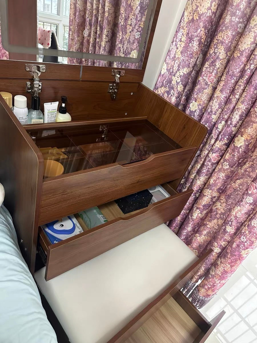 HAOYYE  3 in 1 Vanity Desk with Plip Top Mirror,Small Make Up Vanity Set with Visible Glass Desktop,Compact Makeup Vanity with 3 Drawers,Cushioned Tool,Dressing Table for Bedroom