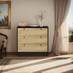 HAOYYE 3-Drawer Storage Cabinet with Rope Woven Drawers, Sturdy Black Design for Bedroom, Living Room, Dining Room, Hallways, Heavy Duty, Space-Saving, Durable, Easy Assembly, Stylish and Versatile Home Furniture