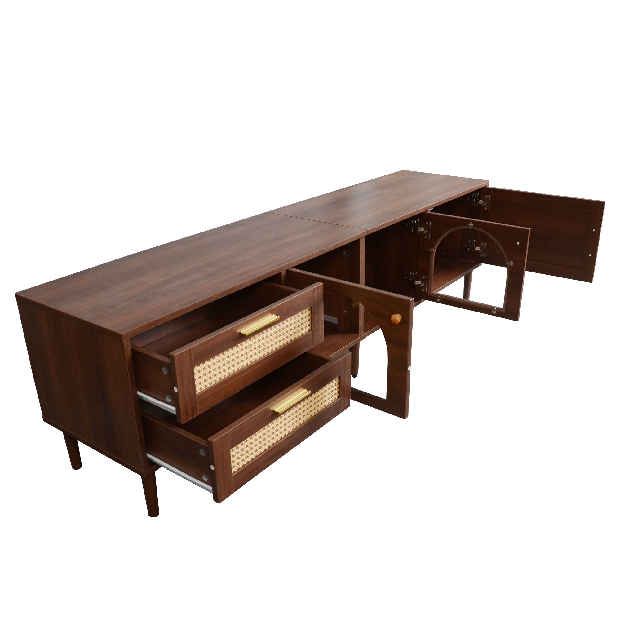 HAOYYE Rattan TV Stand with 3 Cabinets & 2 Drawers, Rattan-Inspired Media Console Table for TVs up to 80", LED Light Entertainment Center, TV Cabinet for Living Room, Bedroom, Home Theater, Sturdy Heavy Duty Construction