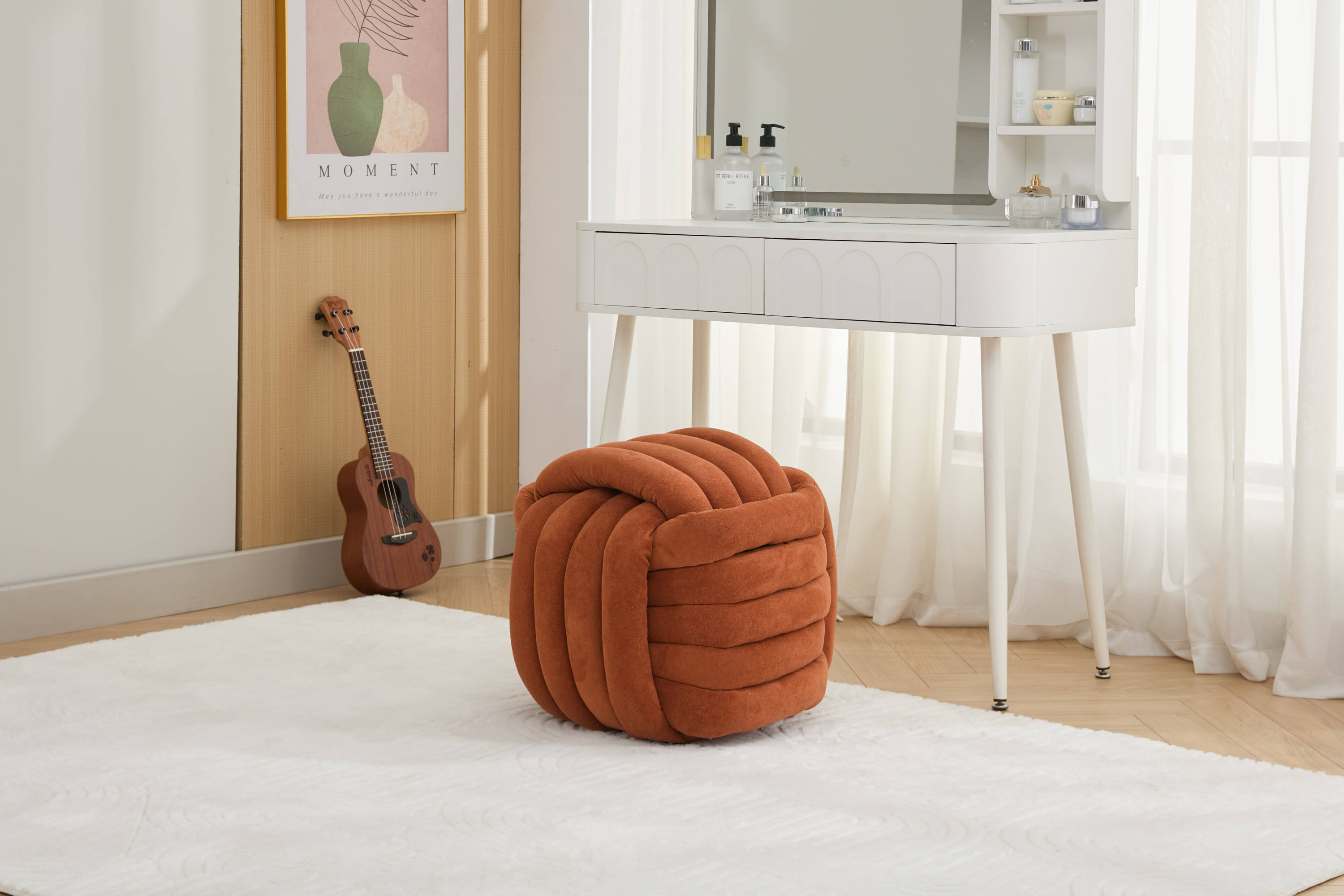 Haoyye Modern Chenille Fabric Knot Design Ottoman Makeup Stool Footstool, Comfortable and Stylish Seat, Perfect for Living Room and Bedroom, Space-Saving Heavy Duty Construction, Durable Furniture for Adults Dorm Room