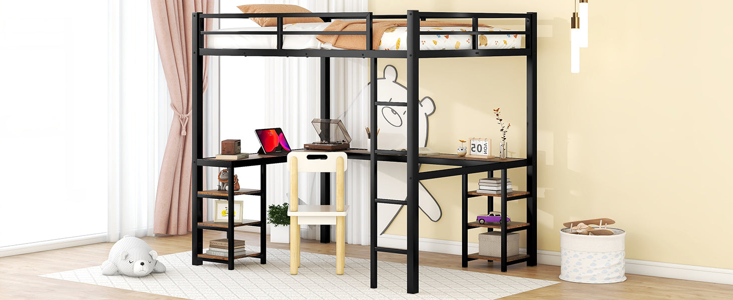 HAOYYE Full Metal Loft Bed with Desk and Shelves, Loft Bed with Ladder and Guardrails, Loft Bed Frame for Bedroom, Black with Vintage wood-colored desk Sturdy Space-Saving Heavy Duty