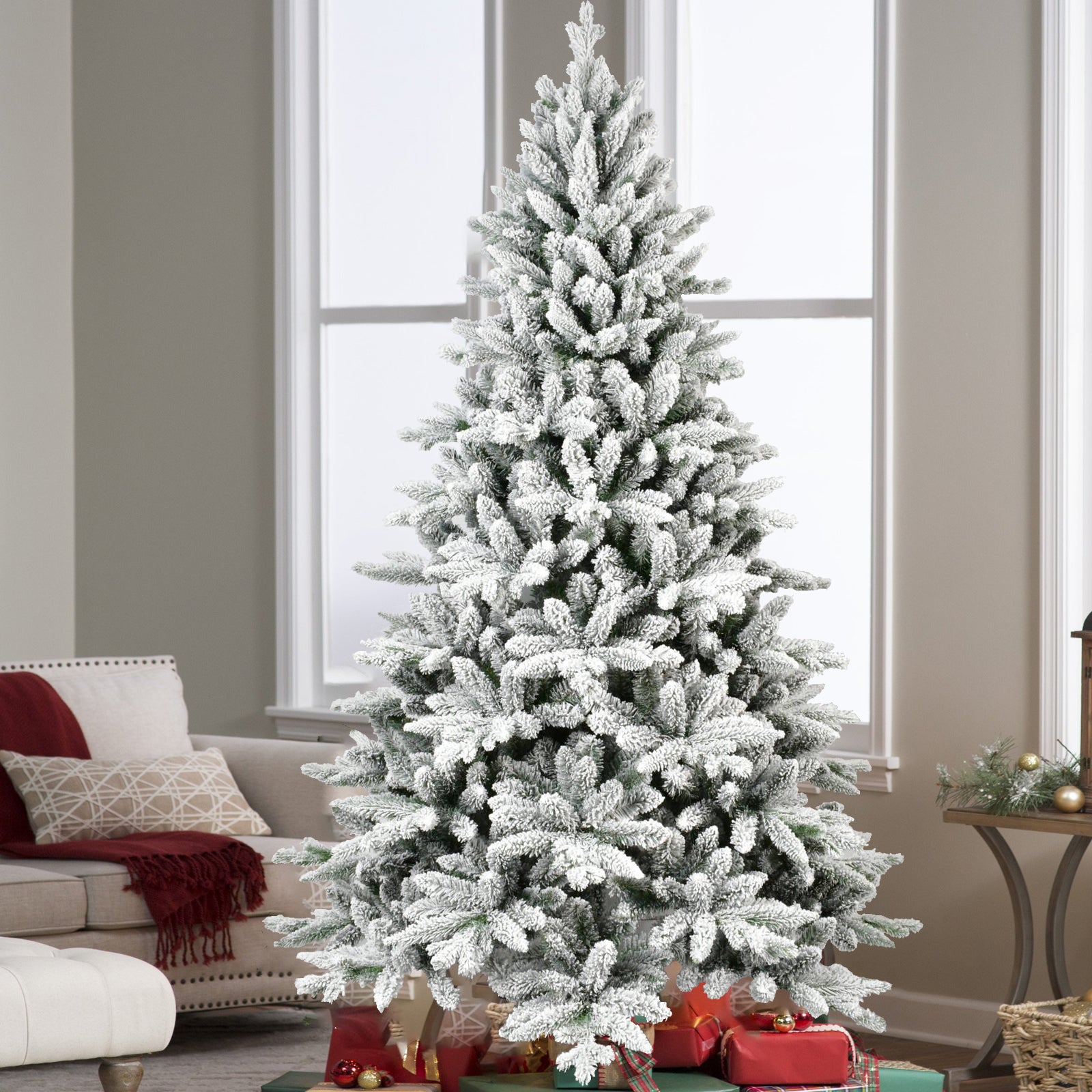HAOYYE 7FT PE & PVC Flocked Artificial Christmas Tree ,With 1514 branch tips and metal stand,Foldable Fake Tree with Realistic Snowy Foliage for Home Decoration Sturdy Space-Saving Heavy Duty Modern Design