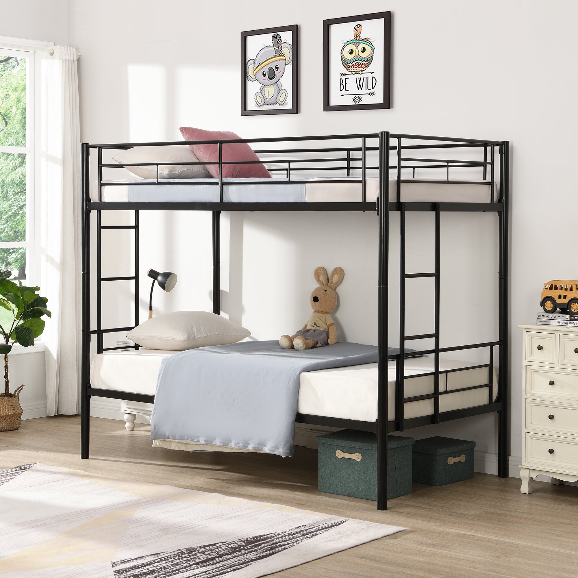 HAOYYE Bunk Bed Twin Over Twin Size with 2 Ladders and Full-Length Guardrail, Metal, Storage Space, No Box Spring Needed, Noise Free, Black Sturdy Space-Saving Heavy Duty Modern Design Easy Assembly Durable