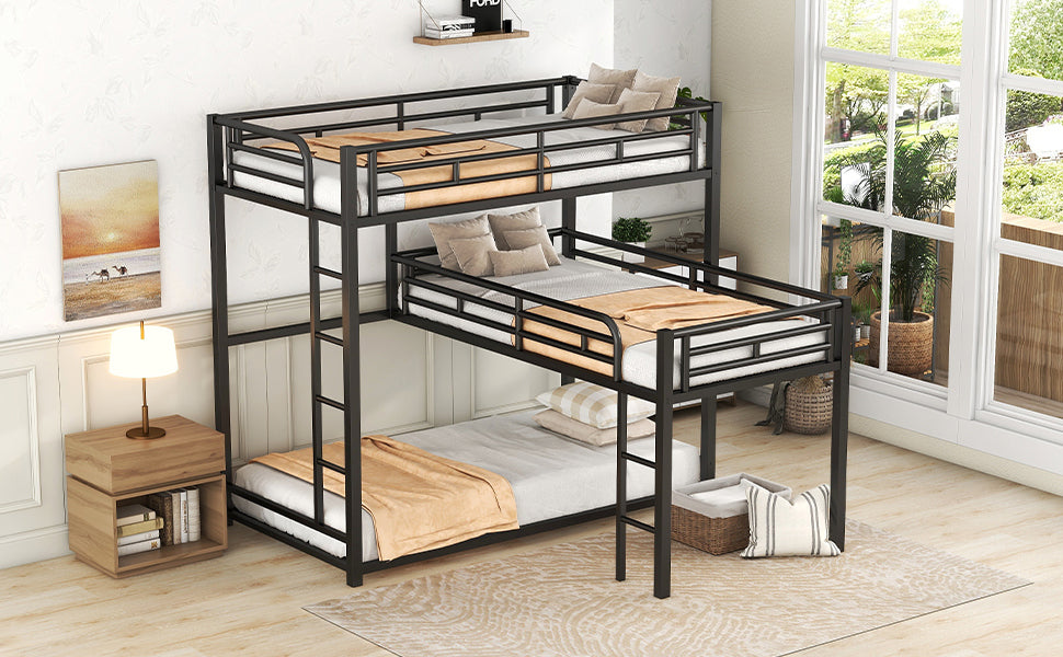 HAOYYE L-shaped Metal Triple Twin Size Bunk Bed, Black(OLD SKU:SM000605AAB) Sturdy Space-Saving Heavy Duty Modern Design Easy Assembly Durable Stylish Home Furniture Versatile