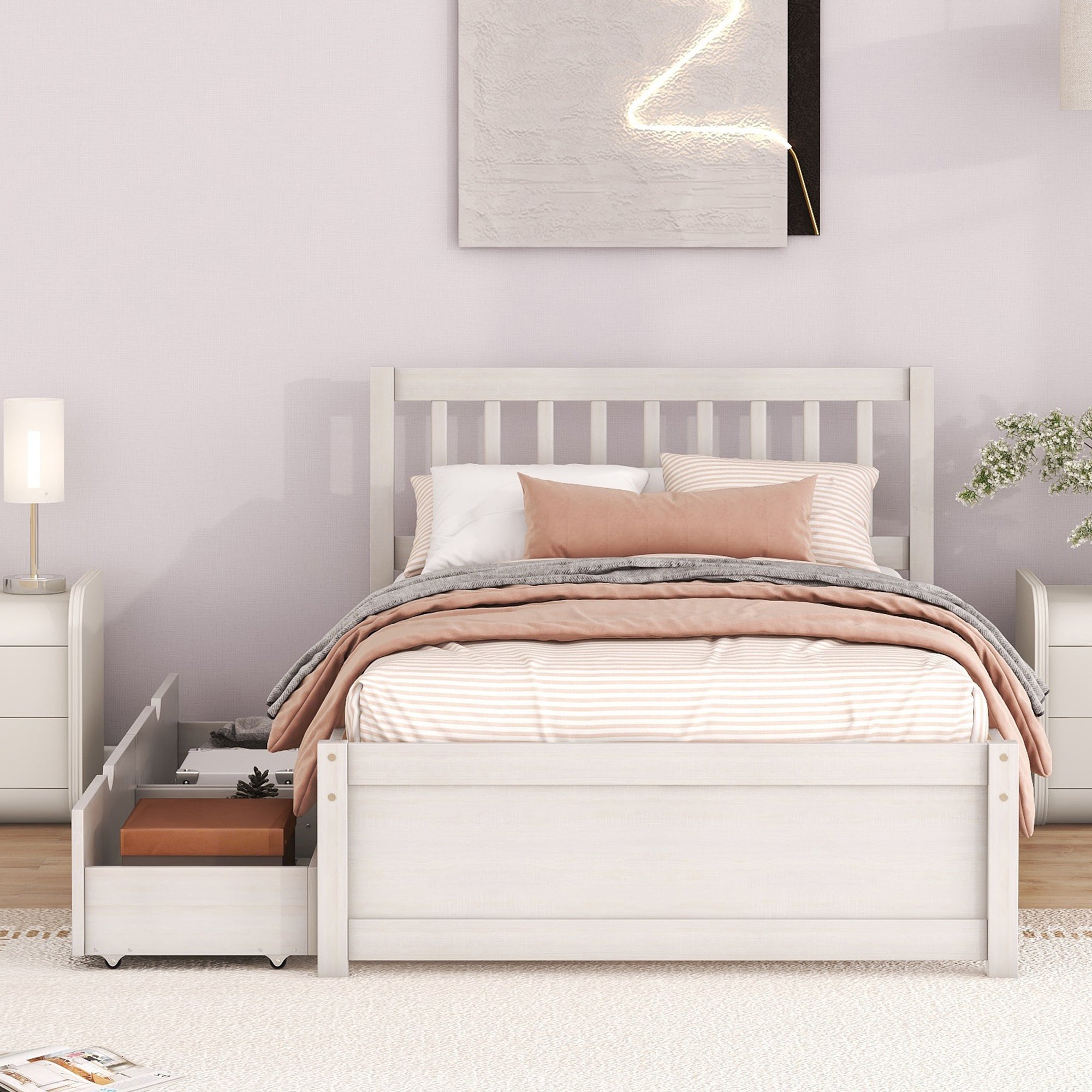 HAOYYE Modern Design Wooden Platform Bed with Two Drawers for White Washed Color Home Furniture Featuring Sturdy Heavy Duty Build, Space Saving Design, Easy Assembly, Durable Quality, Stylish Contemporary Aesthetic and Versatile for Any Living Space