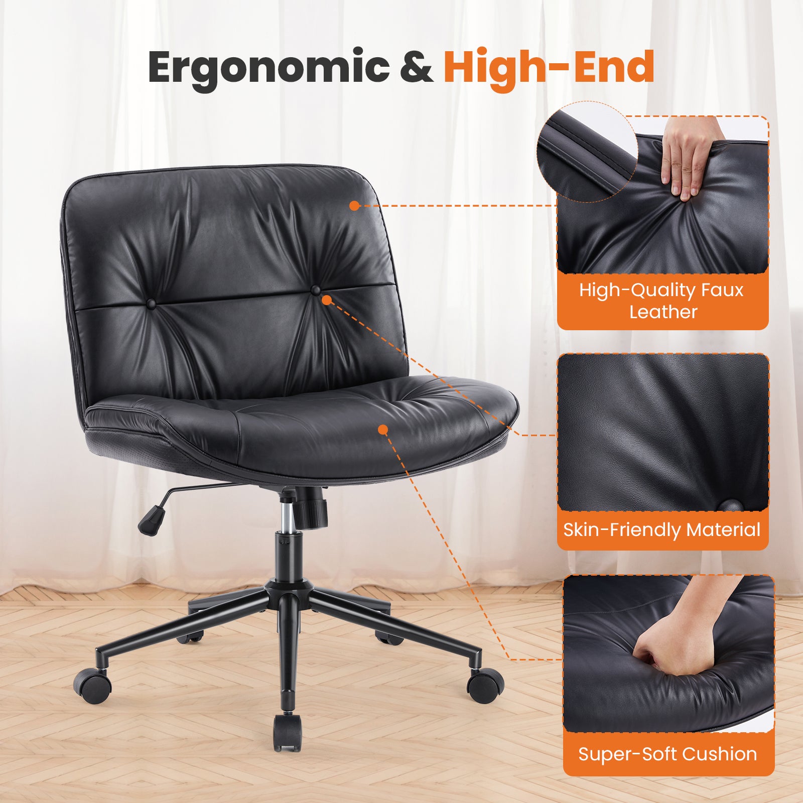 HAOYYE Criss Cross Legged Chair, Armless Office Desk Wide Seat Wheels, Swivel Height Adjustable Comfy Sturdy Space-Saving Heavy Duty Modern Design Adults Dorm Room Easy Assembly Bedroom Furniture