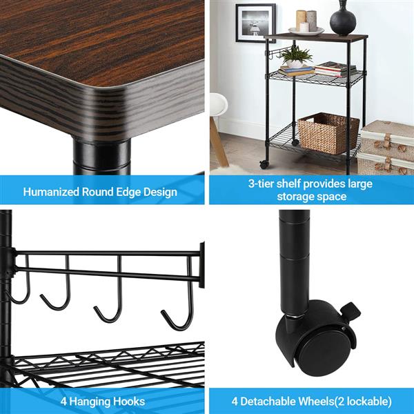 HAOYYE 3-Tier Kitchen Utility Cart, Mobile Rolling Kitchen Storage Cart, Durable Metal Frame with Wood Top, Compact Multifunctional Serving Trolley, Easy Assembly and Modern Design, Ideal for Home, Kitchen, Office, or Dining Room