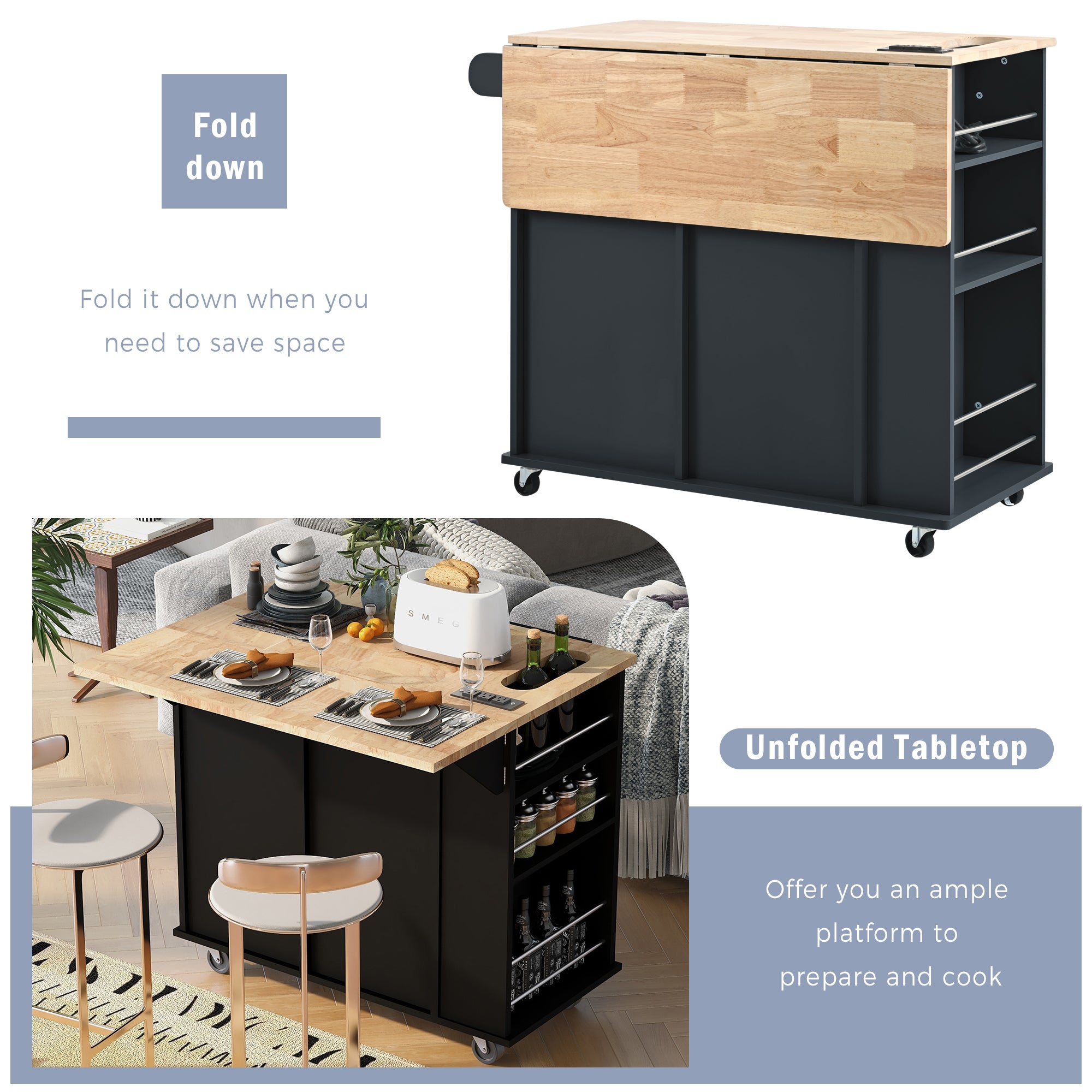 HAOYYE Kitchen Island with Power Outlet, Drop Leaf, Rubber Wood Top, Wine Rack, and Adjustable Storage. Black Kitchen Storage Island on Wheels, Ideal for Home, Kitchen, and Dining Room