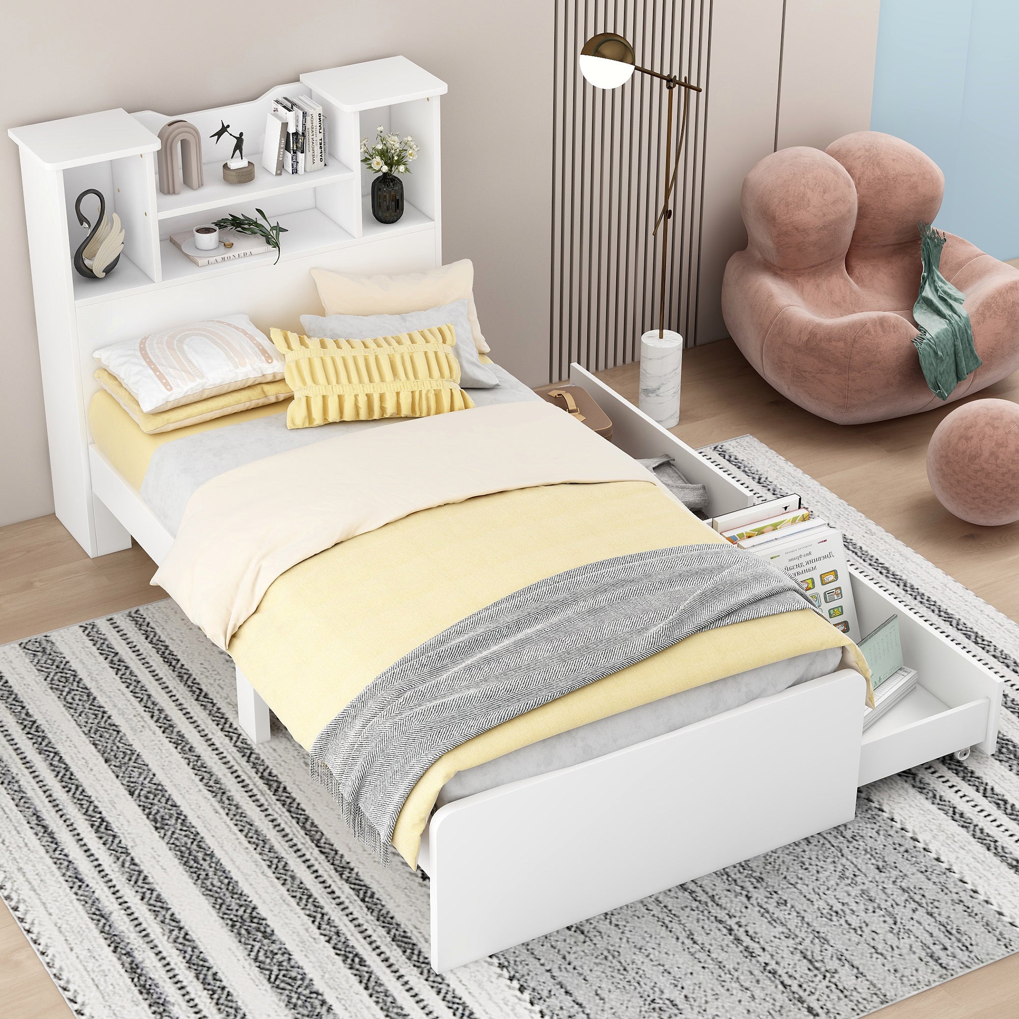 HAOYYE Twin Size Storage Platform Bed Frame with 4 Open Storage Shelves and 2 Drawers, LED Lights, White, Sturdy Space-Saving Heavy Duty Design, Easy Assembly, Ideal for Adults and Dorm Rooms