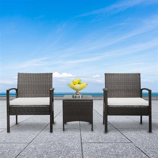 HAOYYE 3-Piece Rattan Patio Conversation Set with 2 Armchairs and Square Glass Coffee Table, PE Wicker Outdoor Sofa Set with Cushions,Porch, Backyard, Balcony