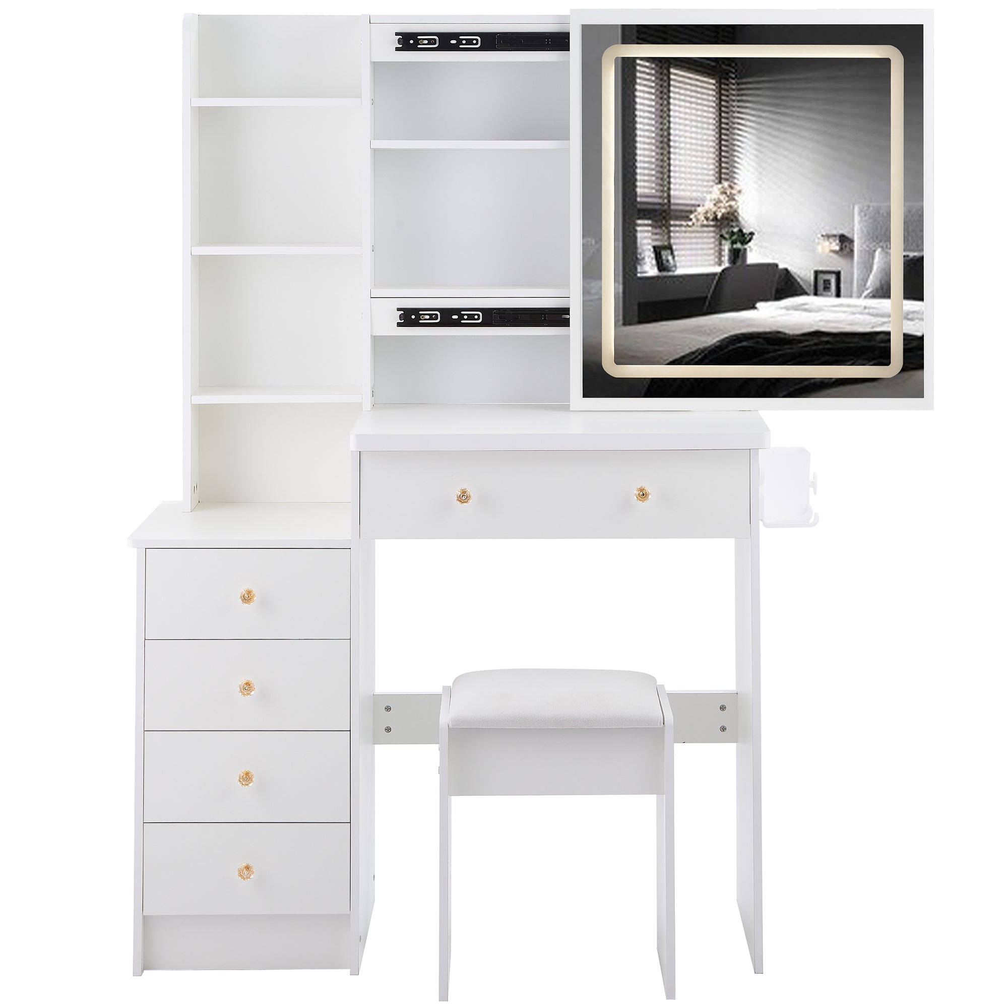 HAOYYE 37" Middle Size Left Bedside Cabinet Vanity Table + Cushioned Stool Dresser Set, 2 AC+2 USB Socket, Hair Dryer Stand, Large Touch Control LED Sliding Mirror, 3-color Switch, EPA, GCC, UL Certificate