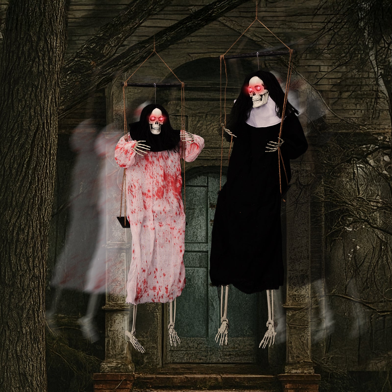 HAOYYE Black Outdoor Halloween Decorations Hanging Ghosts with Light Up Eyes and Screaming Sound, 2 Pack Grim Reaper Halloween Props for Yard Patio Garden Porch, Battery Powered Spooky Halloween Decor