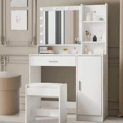 HAOYYE Vanity Desk with Mirror & Light, Large Drawer Three-Level Storage Dresser, 3 Lighting Modes with Adjustable Brightness, Modern Luxury Bedroom Dressing Table, White with Stool