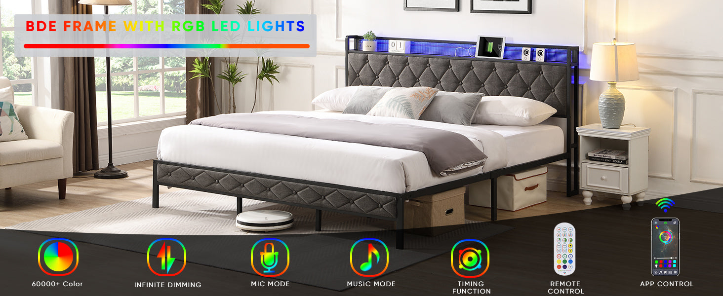 HAOYYE King Bed Frame with Storage Headboard, Charging Station and LED Lights, Upholstered Platform Bed with Heavy Metal Slats, No Box Spring Needed, Noise Free, Easy Assembly, Dark Gray Sturdy Space-Saving