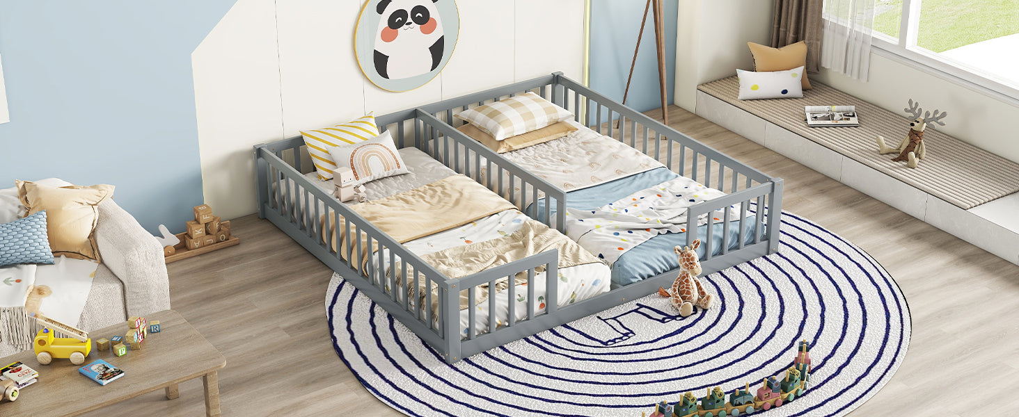 HAOYYE Double Twin Floor Bed with Fence, Guardrails, without door, Grey Sturdy Space-Saving Heavy Duty Modern Design Easy Assembly Durable Stylish Home Furniture Versatile