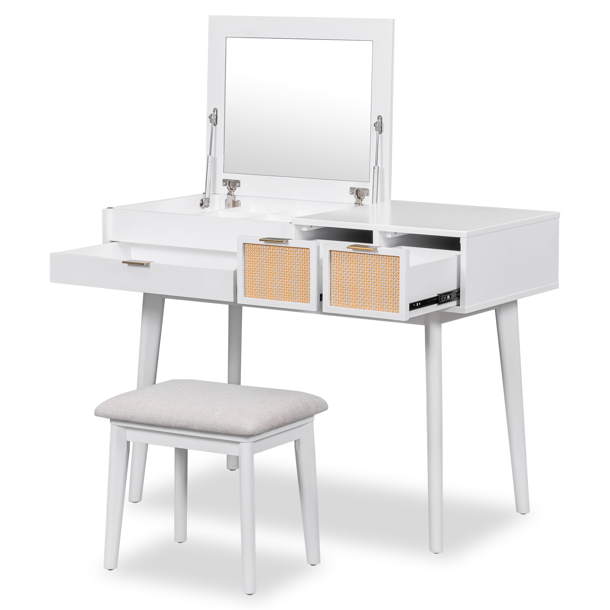 HAOYYE Classic Wood Makeup Vanity Set with Flip-top Mirror and Stool, Dressing Table with Three Drawers and Storage Space, White Modern Design, Luxury Style, Durable Material, Space-saving