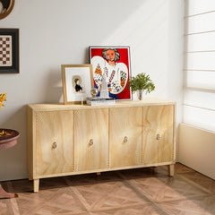 HAOYYE Vintage Storage Cabinet with Carved Scatter Pattern, 4 Door Dining Sideboard and Adjustable Shelves, Versatile Buffet and Accent Cabinet for Living Room, Kitchen, and Hallway, Sturdy and Space-Saving Design in Natural Finish