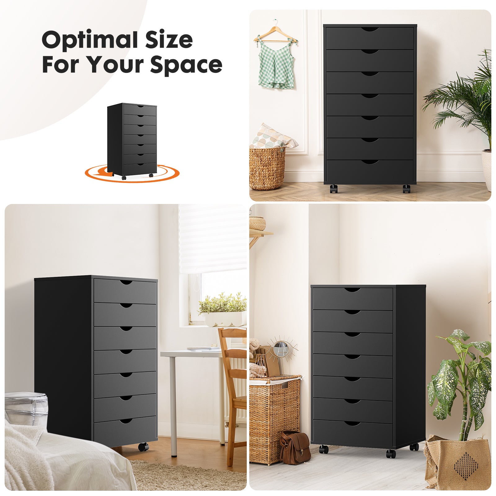 HAOYYE 7-Drawer Chest with Wheels, Modern Mobile Storage Cabinet Dresser, Heavy-Duty Wooden Organizer for Office, Bedroom, Dorm Room, Space-Saving Design for Adults