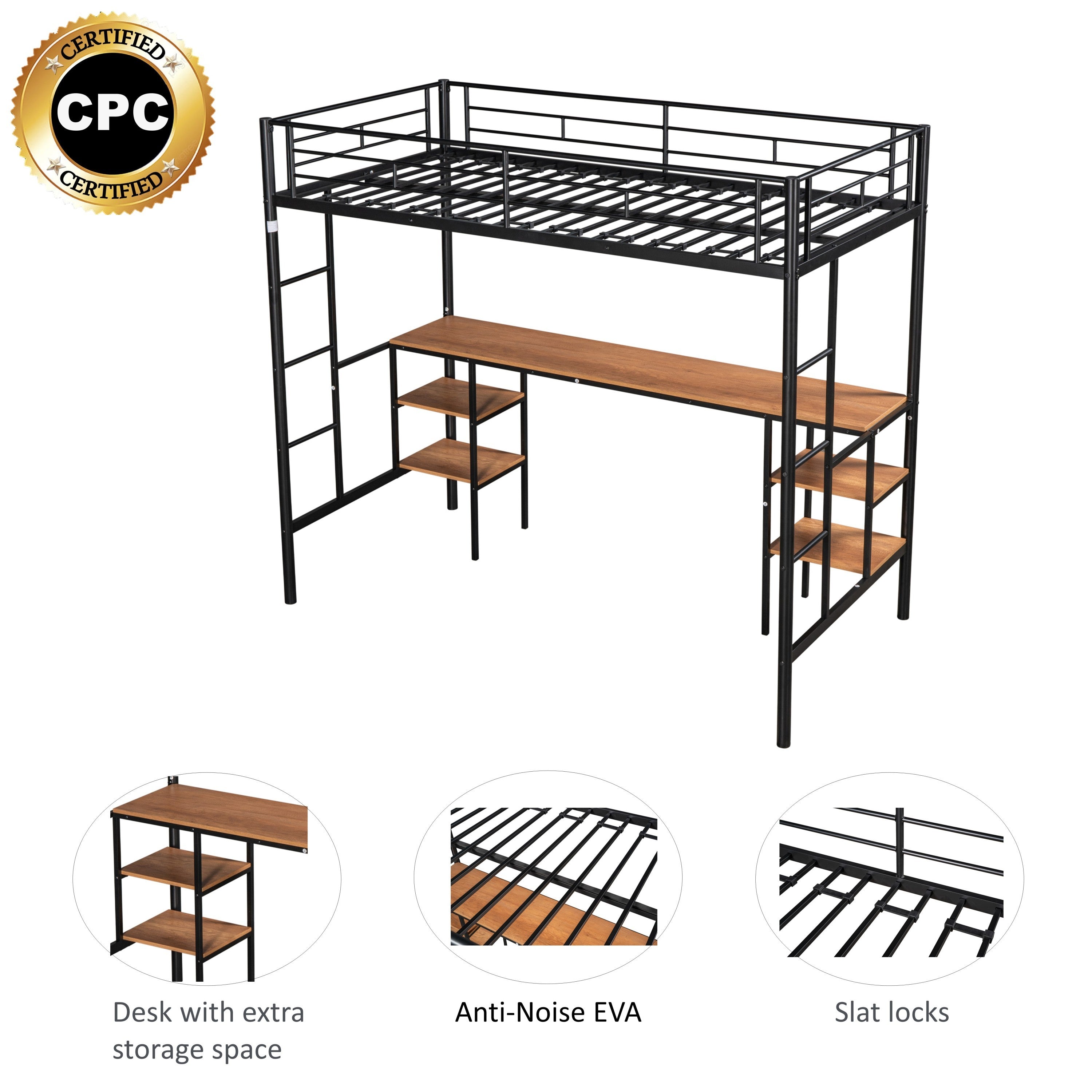 HAOYYE Twin-Size Loft Bed With Table And Shelves, Heavy-Duty Metal Construction, Noise-Reduced Design, Safety Guardrail, Two Side Ladders, CPC Certified, No Box Spring Required, Space-Saving Loft Bed For Modern Living Spaces