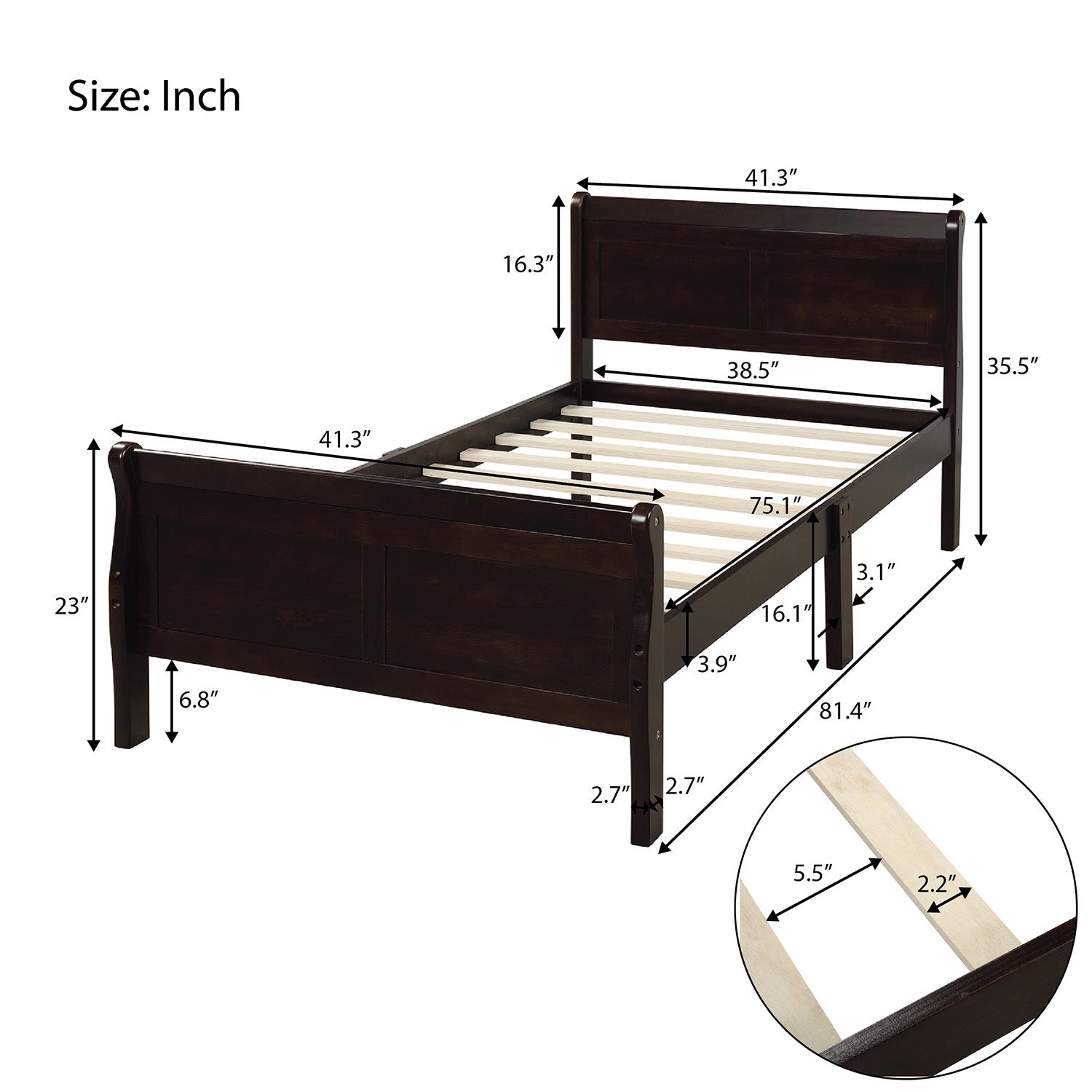 HAOYYE Wood Platform Bed Twin Bed Frame Mattress Foundation Sleigh Bed with Headboard/Footboard/Wood Slat Support Sturdy Space-Saving Heavy Duty Modern Design Easy Assembly Durable Stylish Home Furniture