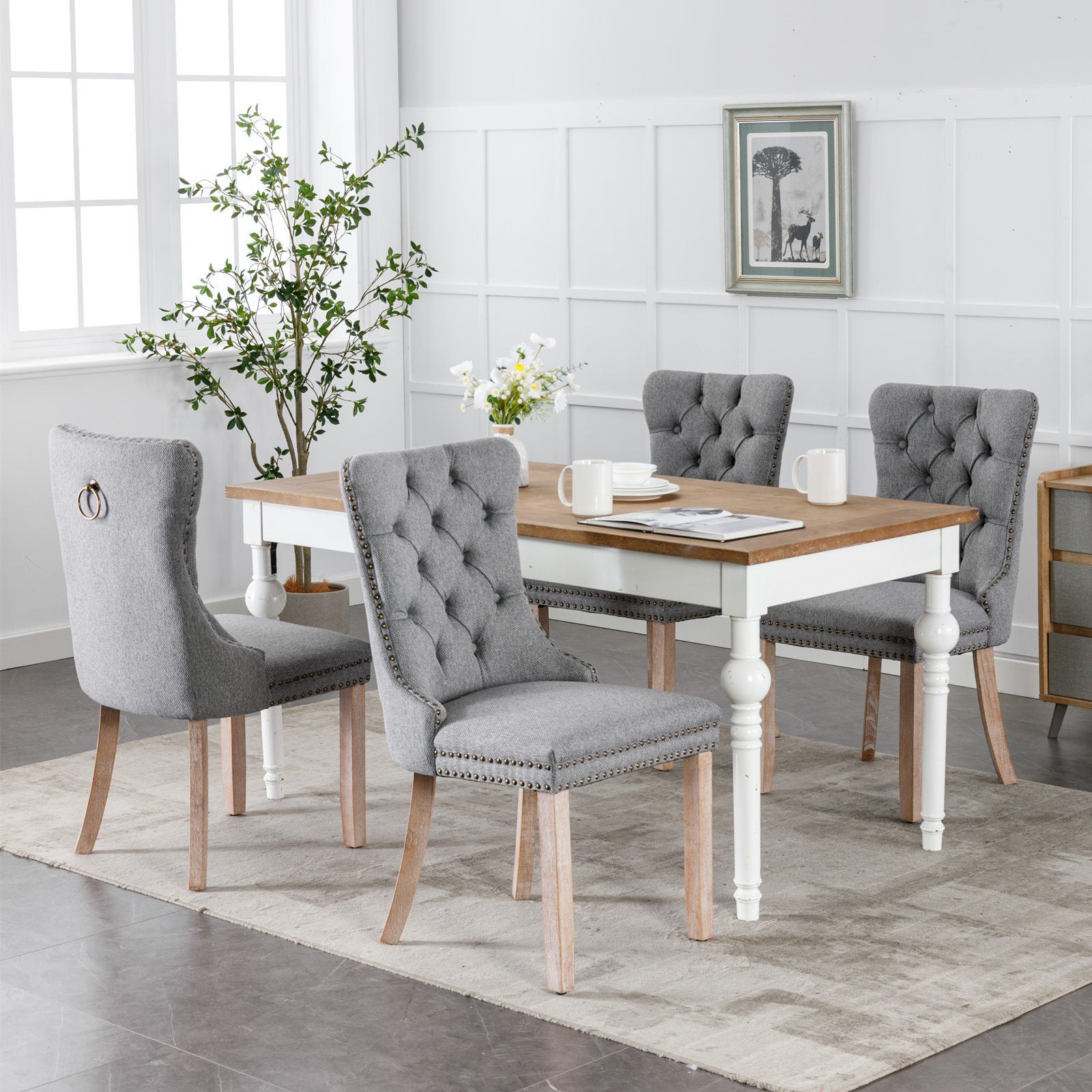 HAOYYE Nikki Collection Modern, High-end Tufted Solid Wood Contemporary Flax Upholstered Linen Dining Chair with Wood Legs Nailhead Trim 2-Pcs Set,Gray, SW6801GY Sturdy Space-Saving Heavy Duty Modern Design
