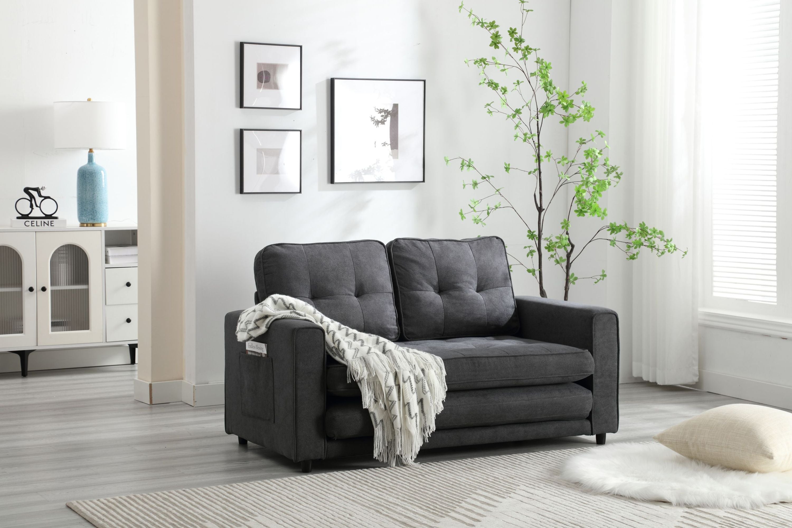 HAOYYE 3-Fold Convertible Futon Couch, Pull Out Sofa Bed, Space-Saving Loveseat Sleeper, Velvet Linen Fabric Upholstery, Heavy Duty Durable Sofa for Living Room, Modern Compact Design, Dark Gray, Light Gray, Beige
