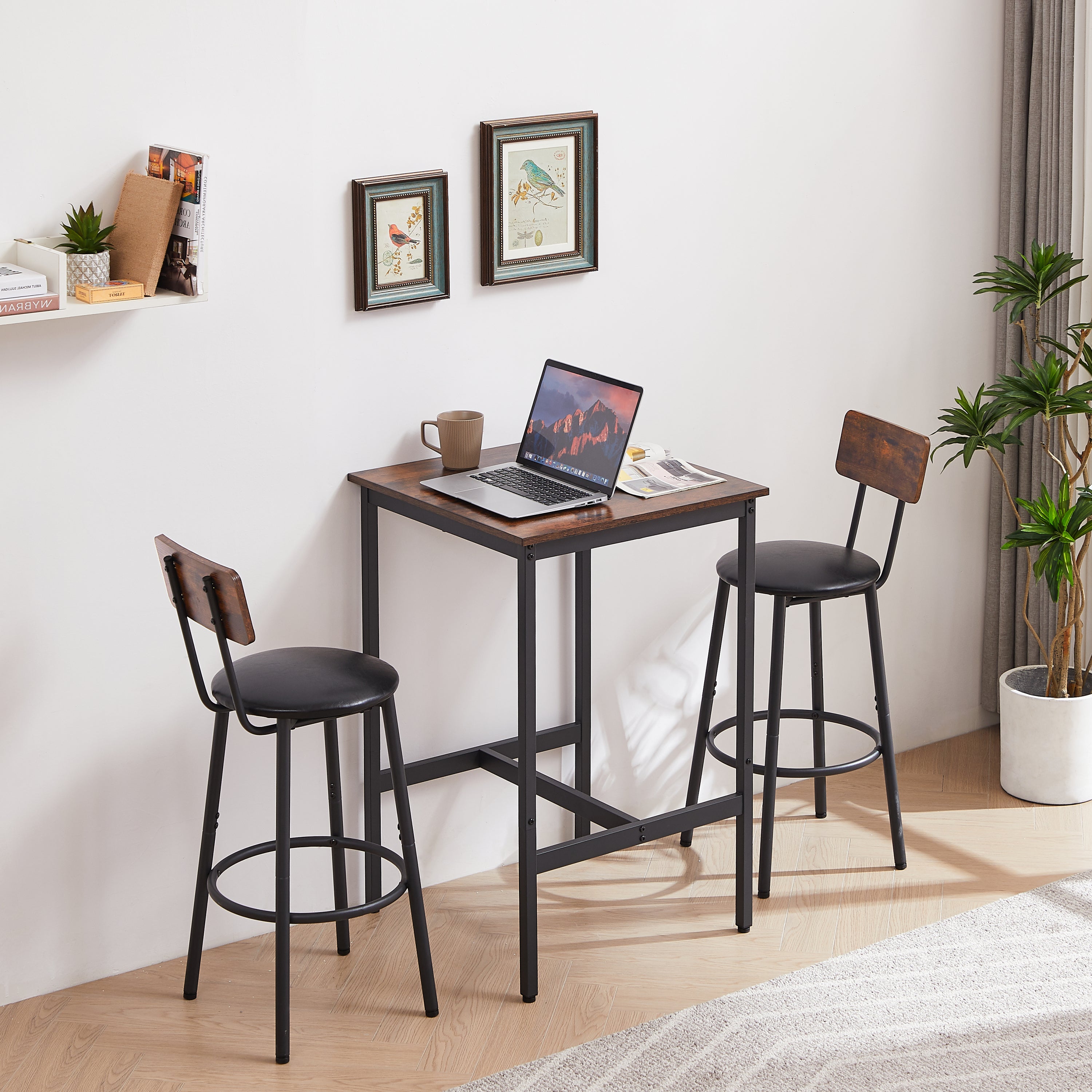 HAOYYE Bar Table Set with 2 Bar stools PU Soft seat with backrest, Rustic Brown, 23.62'' W x 23.62'' D x 35.43'' H Sturdy Space-Saving Heavy Duty Modern Design Adults Dorm Room Easy Assembly