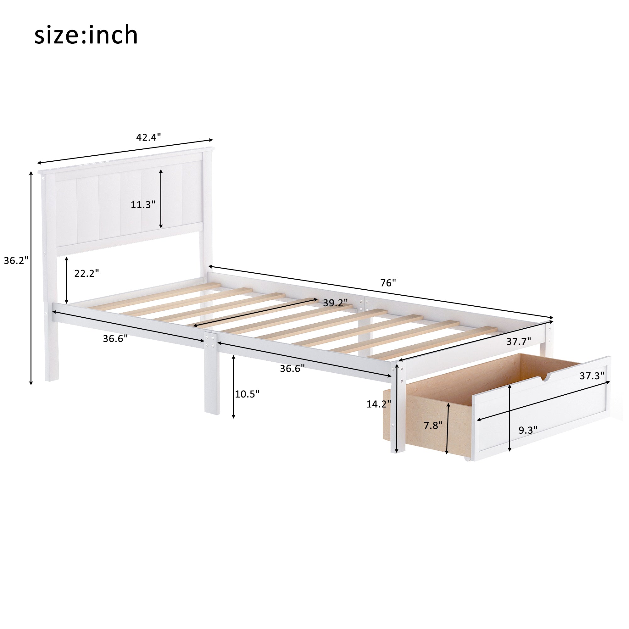 HAOYYE Modern Twin Platform Bed with Under-bed Drawer, White Sturdy Space-Saving Heavy Duty Design, Easy Assembly Bedroom Furniture for Dorms and Adults