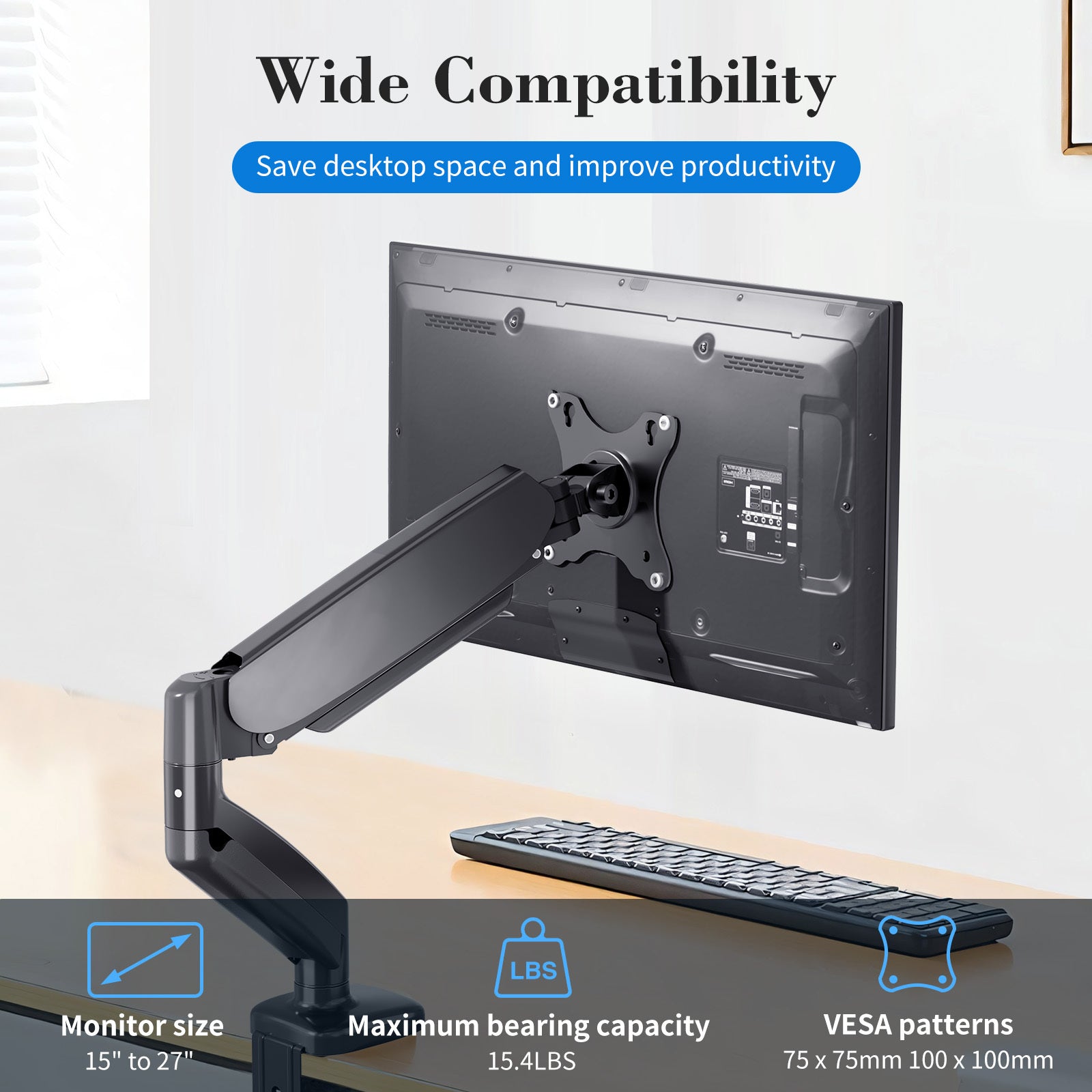 HAOYYE The monitor arm is adjustable for desktop mount and fits 15-27 inch monitors with weight capacities up to 15.4 pounds, black Sturdy Space-Saving Heavy Duty Modern Design Adults Dorm Room