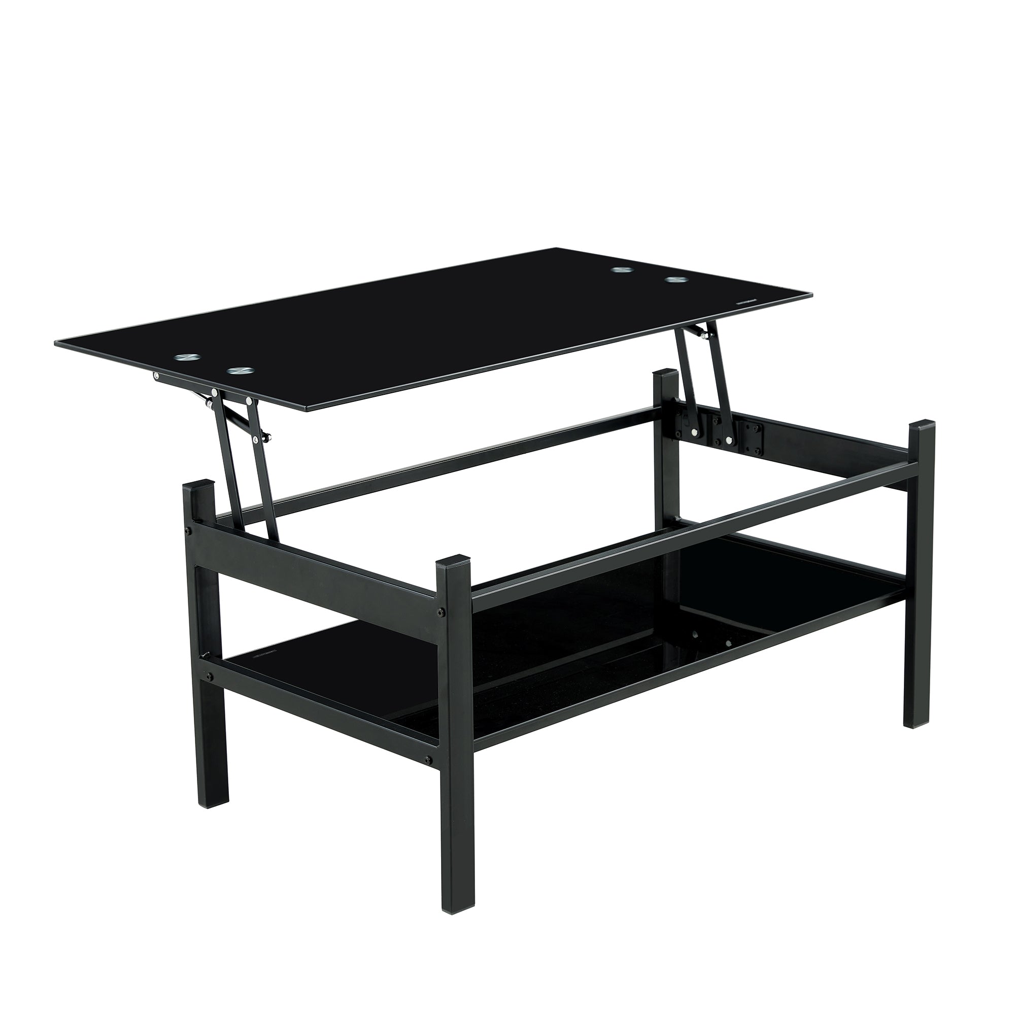HAOYYE Glass Lift Top Coffee Table, Modern Simple 2-Layer Tempered Glass Coffee Table for Living Room, Black Sturdy Space-Saving Heavy Duty Modern Design Adults Dorm Room Easy Assembly Bedroom Furniture