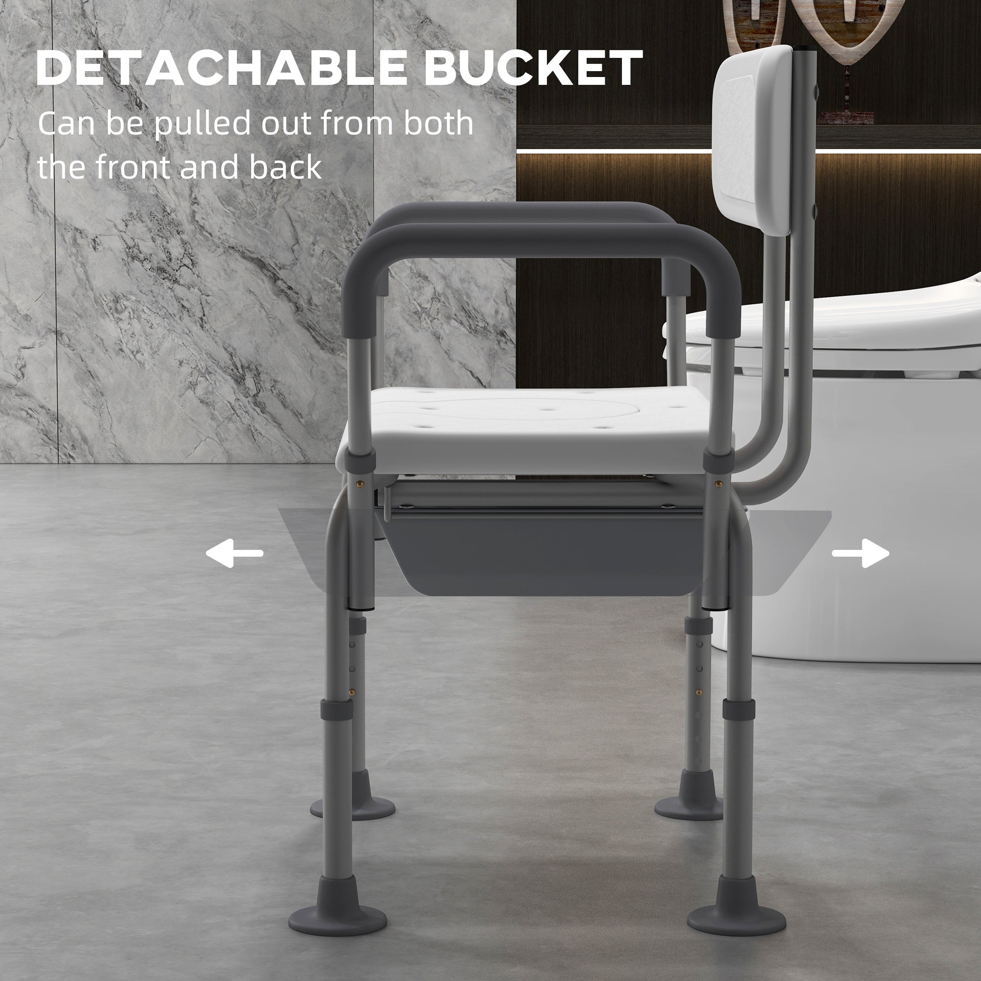 HAOYYE White Shower Chair with Removable Bucket and Drainage Holes, Adjustable Height Bath Seat with Padded Armrest Backrest Suction Feet, Tool-Free Assembly for Bathroom Safety and Support