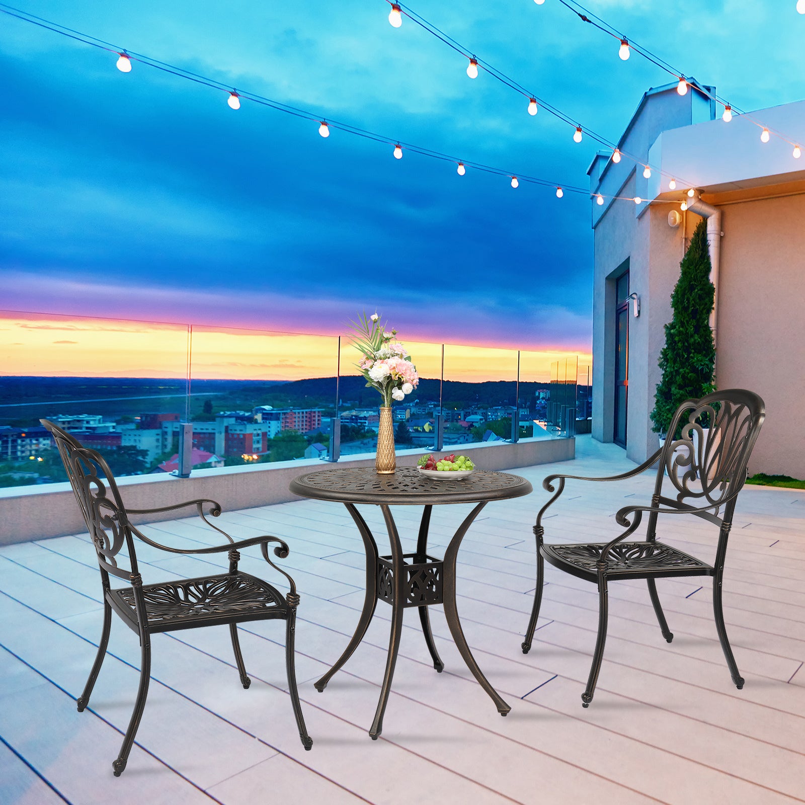 Haoyye Circular Cast Aluminum Patio Table with Diamond Top Design in Bronze, Weather Resistant Outdoor Bistro Table for Courtyard, Garden, Balcony, Deck or Porch, Durable and Stylish for Home or Commercial Use