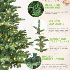 HAOYYE Artificial Green LED-Lit Christmas Tree with 611 PE PVC Mixed Branch Tips, Hinged Structure and Foldable Metal Stand, Fireproof Eco-Friendly Material for Indoor Holiday Decoration
