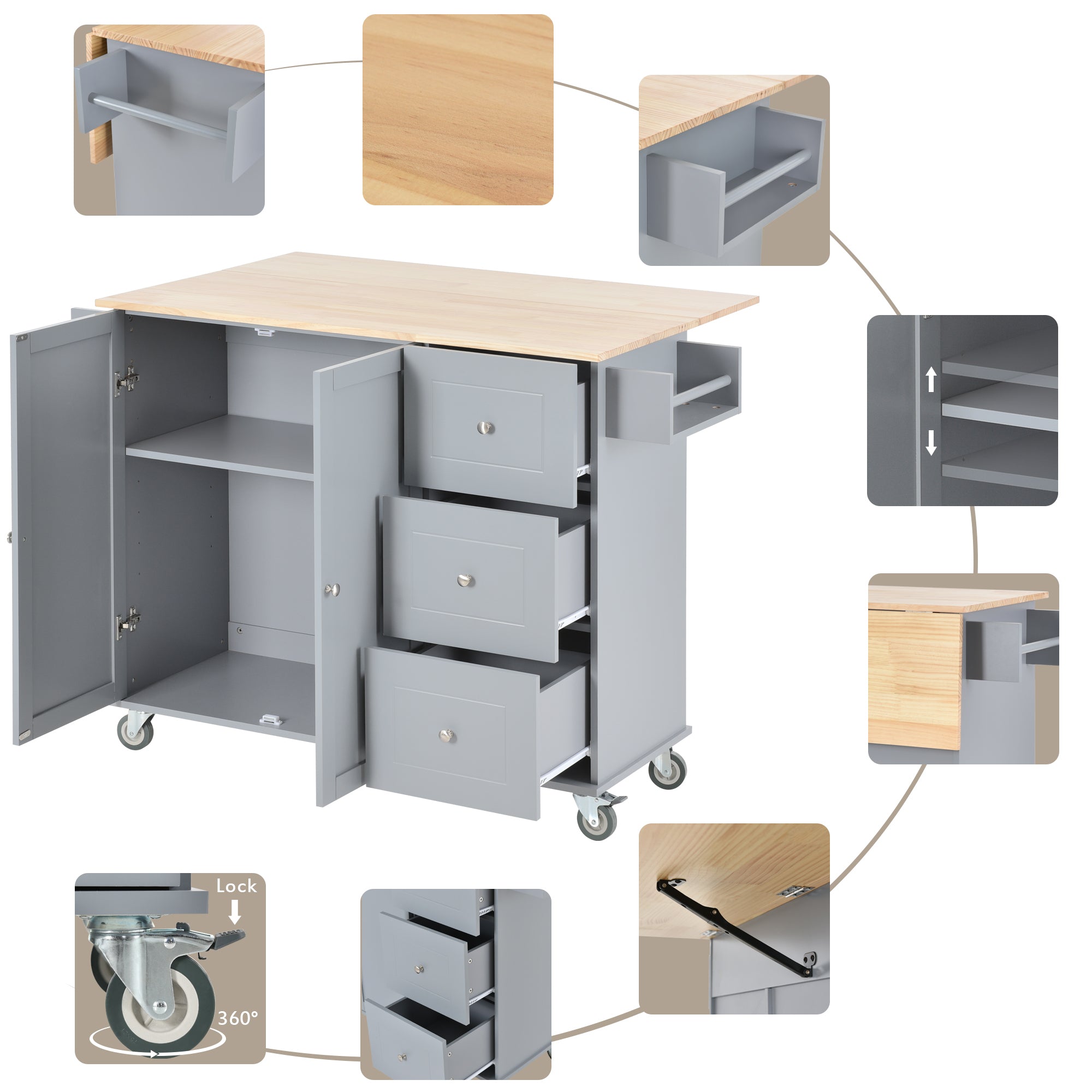 HAOYYE Rolling Mobile Kitchen Island With Solid Wood Top, Storage Cabinet, Drop Leaf Breakfast Bar, Spice Rack, Towel Rack, And Drawer, Grey Blue, Sturdy Space-Saving Design With Locking Wheels