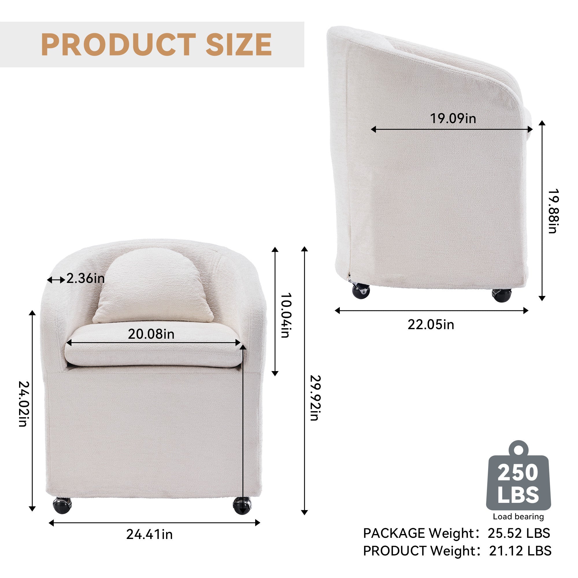 HAOYYE 059-Set of 1 Chenille Fabric Dining Armchair With Back Cushion and Universal Wheels,Beige Sturdy Space-Saving Heavy Duty Modern Design Adults Dorm Room Easy Assembly Bedroom Furniture