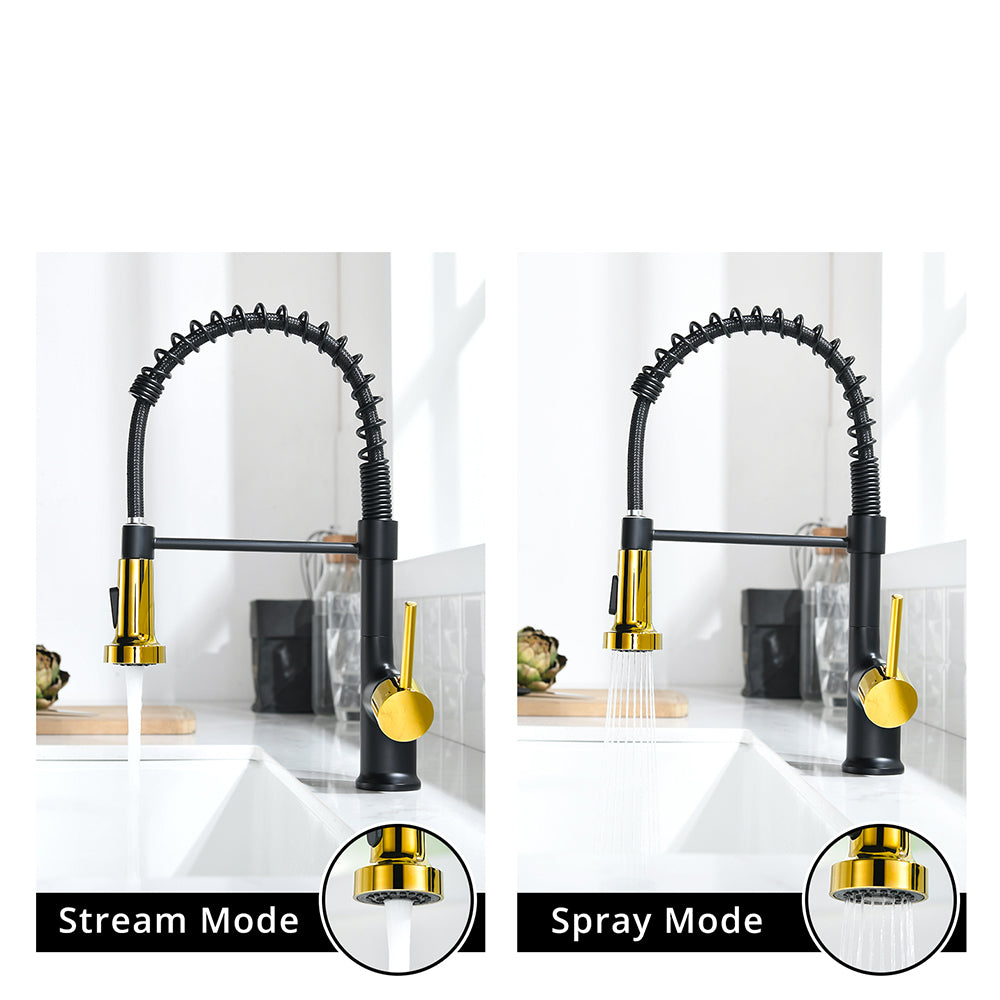HAOYYE Commercial Black and Nickel Gold Kitchen Faucet with Pull Out Sprayer, Single Handle Single Lever Kitchen Sink Faucet Sturdy Space-Saving Heavy Duty Modern Design Adults Dorm Room Easy Assembly