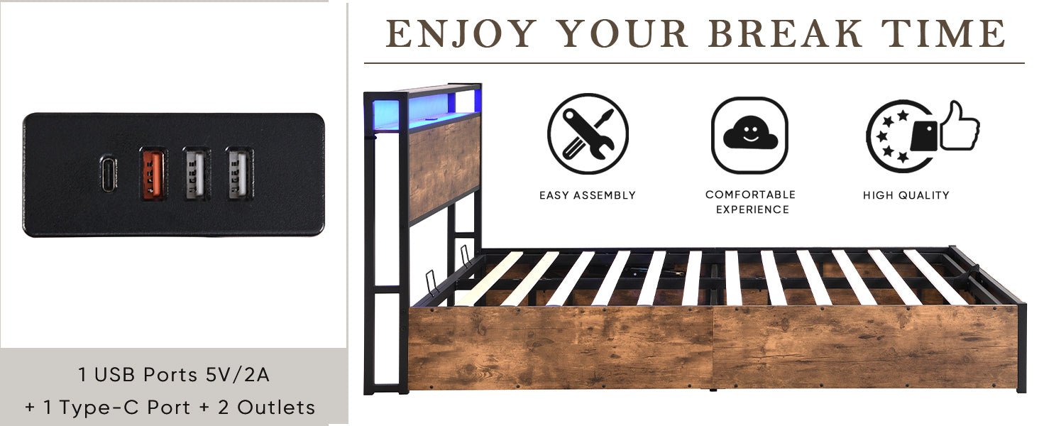 HAOYYE Lift-up Storage Bed Frame, Queen Size Bed Frame with Bookcase Headboard & LED Lights, Wooden Platform Bed Frame with Charging Station, No Spring Box Needed, Rustic Brown Sturdy Space-Saving Heavy Duty